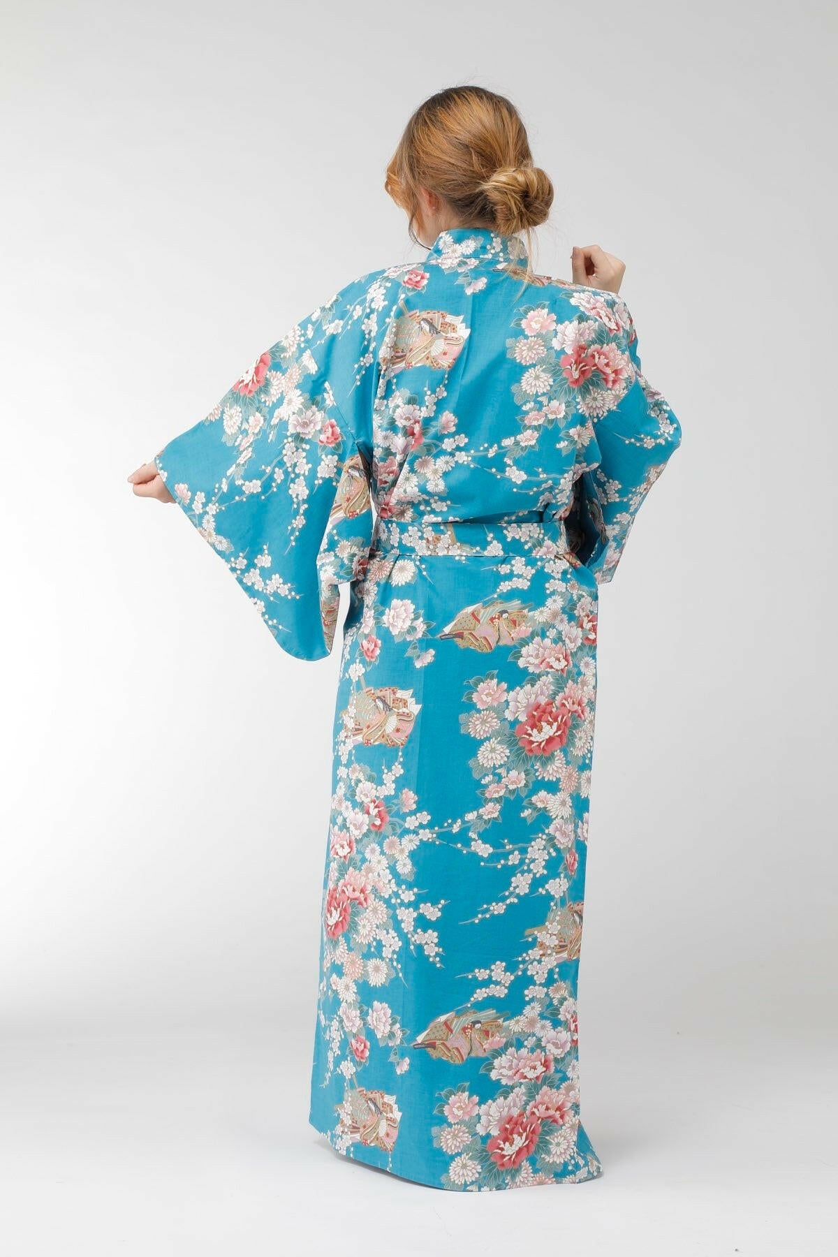 Women Princess & Peony Cotton Yukata Kimono Color Turquoise Model Rear View