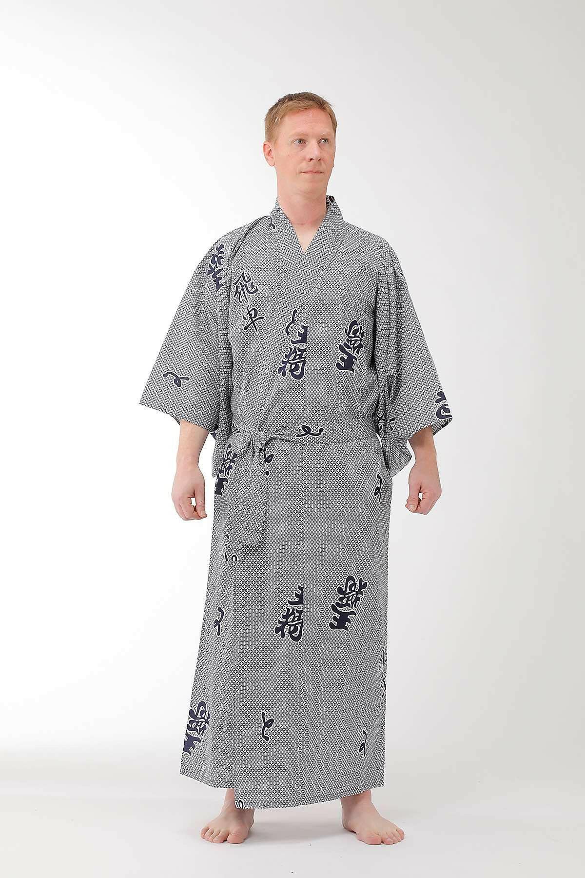 Men Rook Cotton Yukata Kimono Model Front View