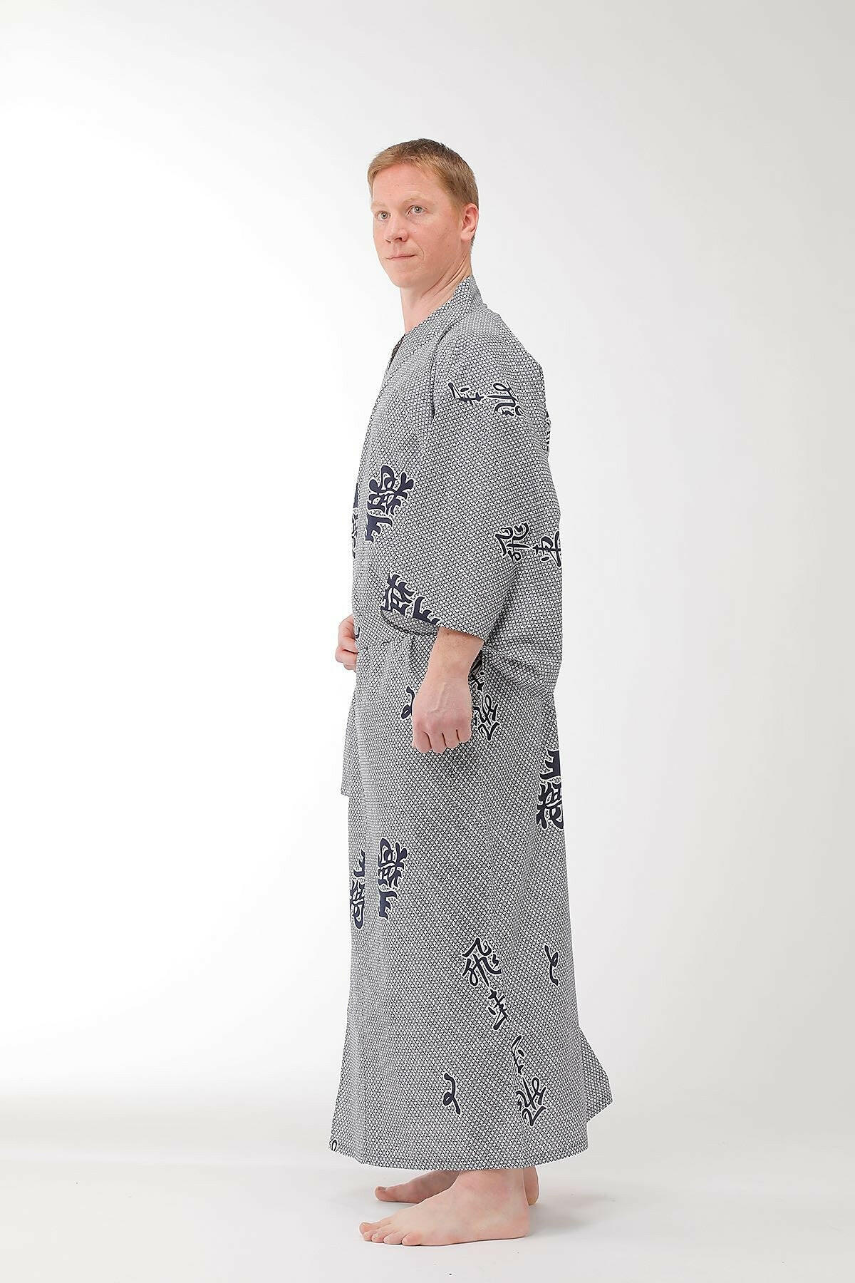 Men Rook Cotton Yukata Kimono Model Side View