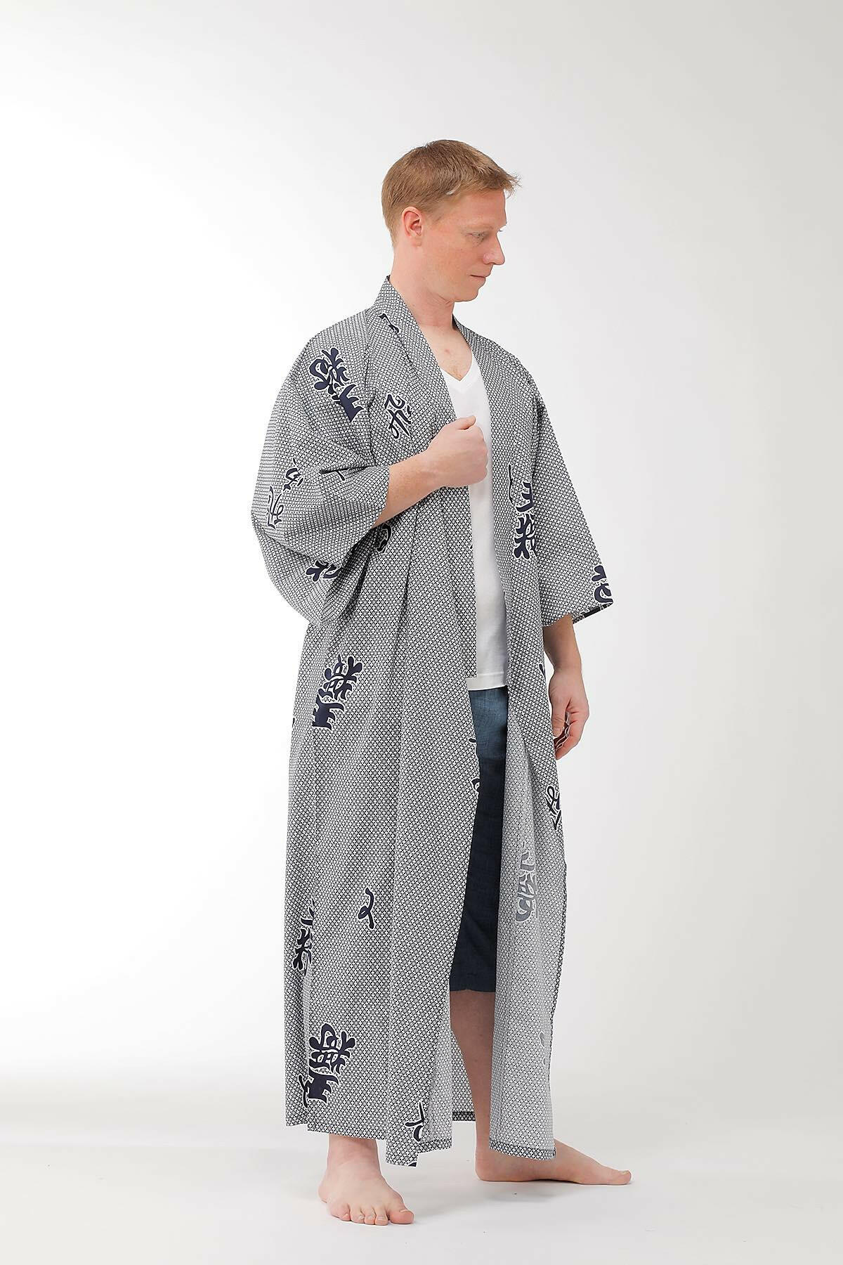 Men Rook Cotton Yukata Kimono Model Side No Belt View