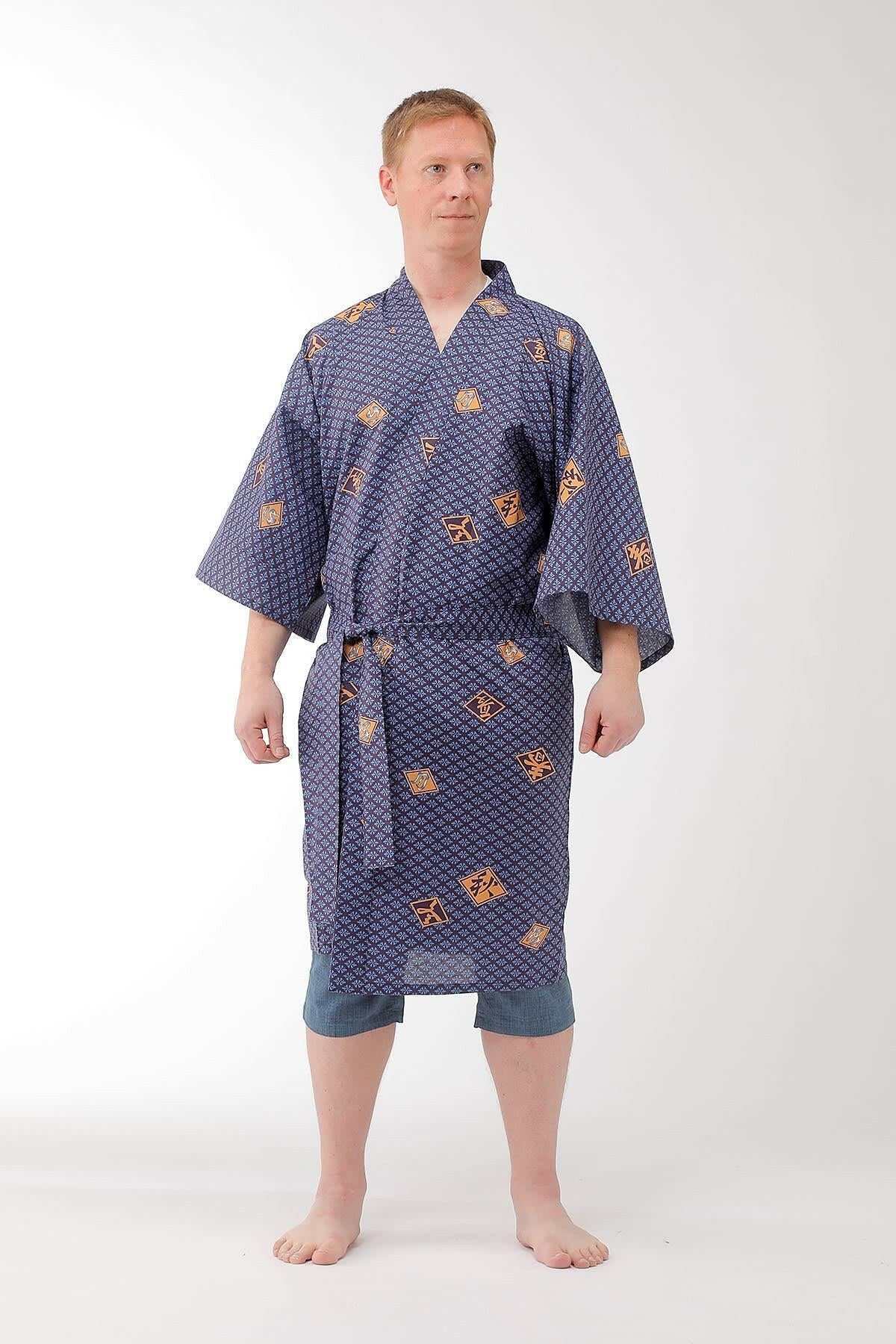 Men Diamond Pattern Cotton Short Yukata Kimono Color Blue Model Front View