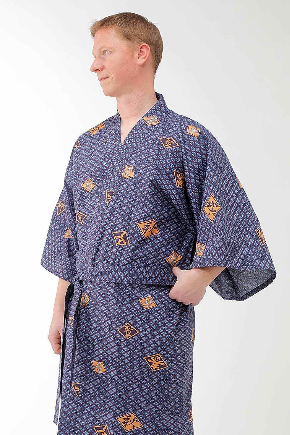 Men Diamond Pattern Cotton Yukata Kimono Color Navy Model Front View