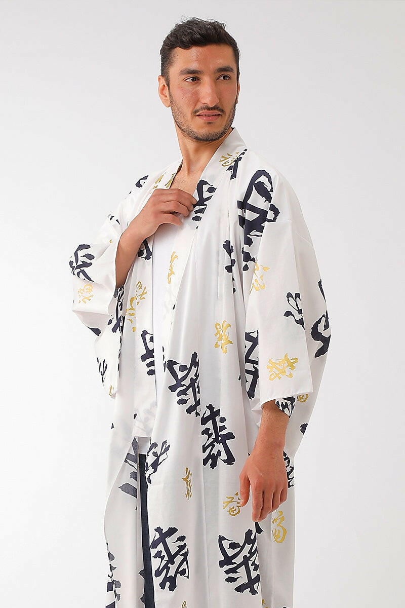 Men Happy Longevity Cotton Short Yukata Kimono Color White Model Side No Belt View
