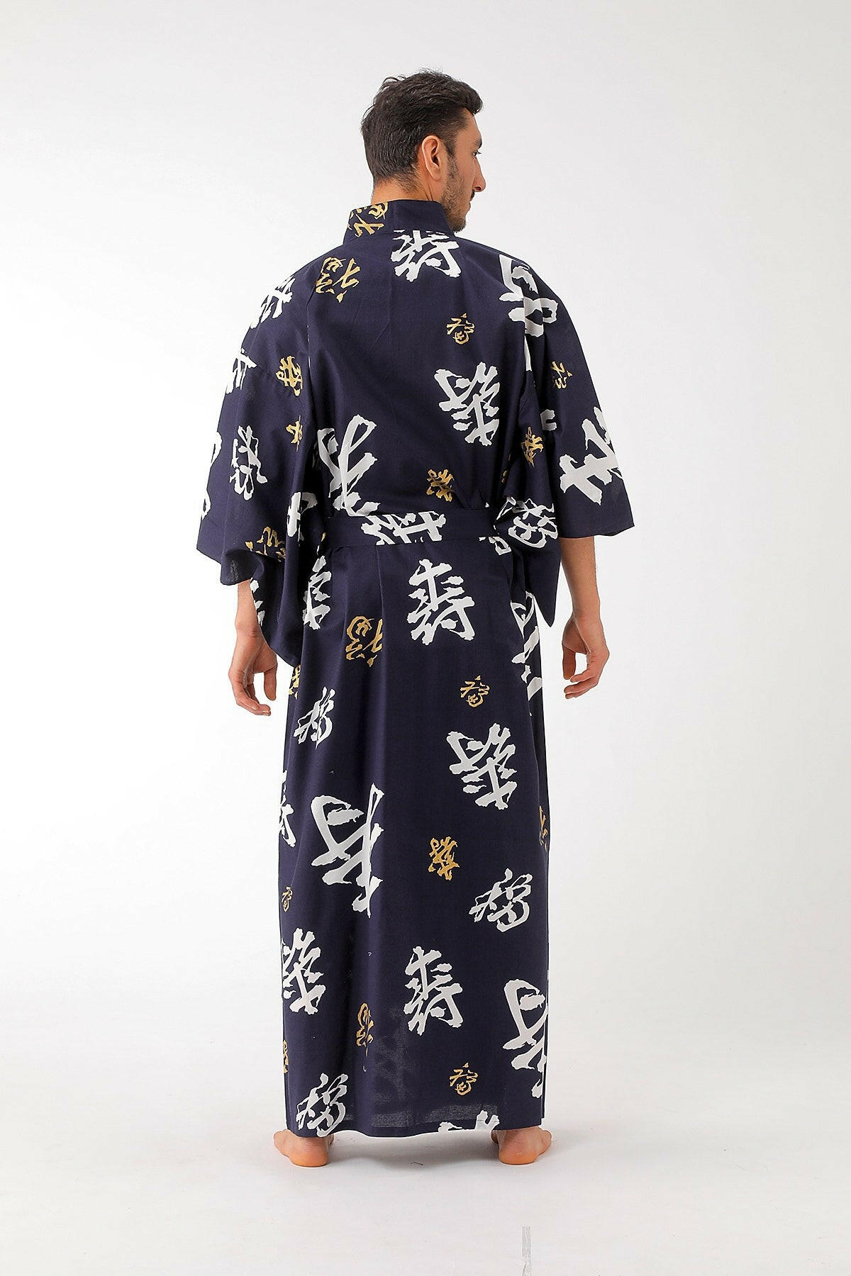 Men Happy Longevity Cotton Yukata Kimono Color Navy Model Rear View