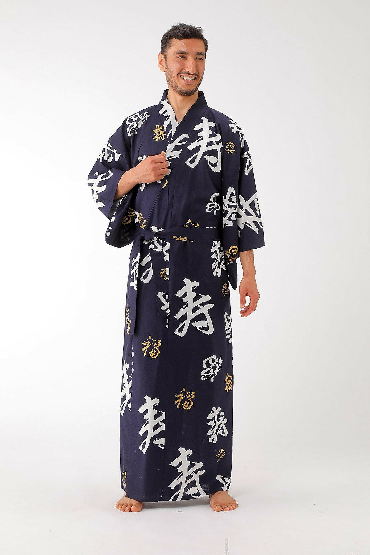 Men Happy Longevity Cotton Yukata Kimono Color Navy Model Front View