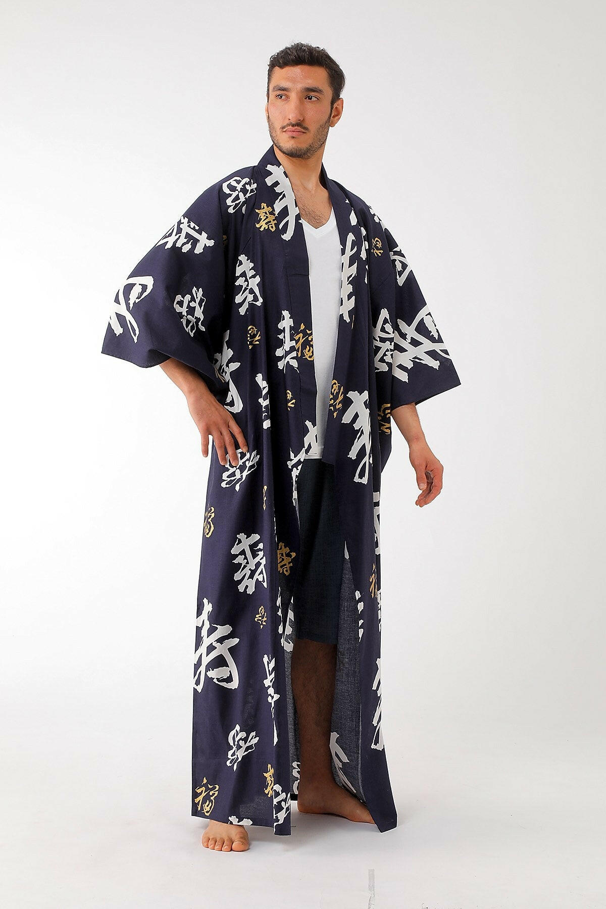 Men Happy Longevity Cotton Yukata Kimono Color Navy Model Side No Belt View