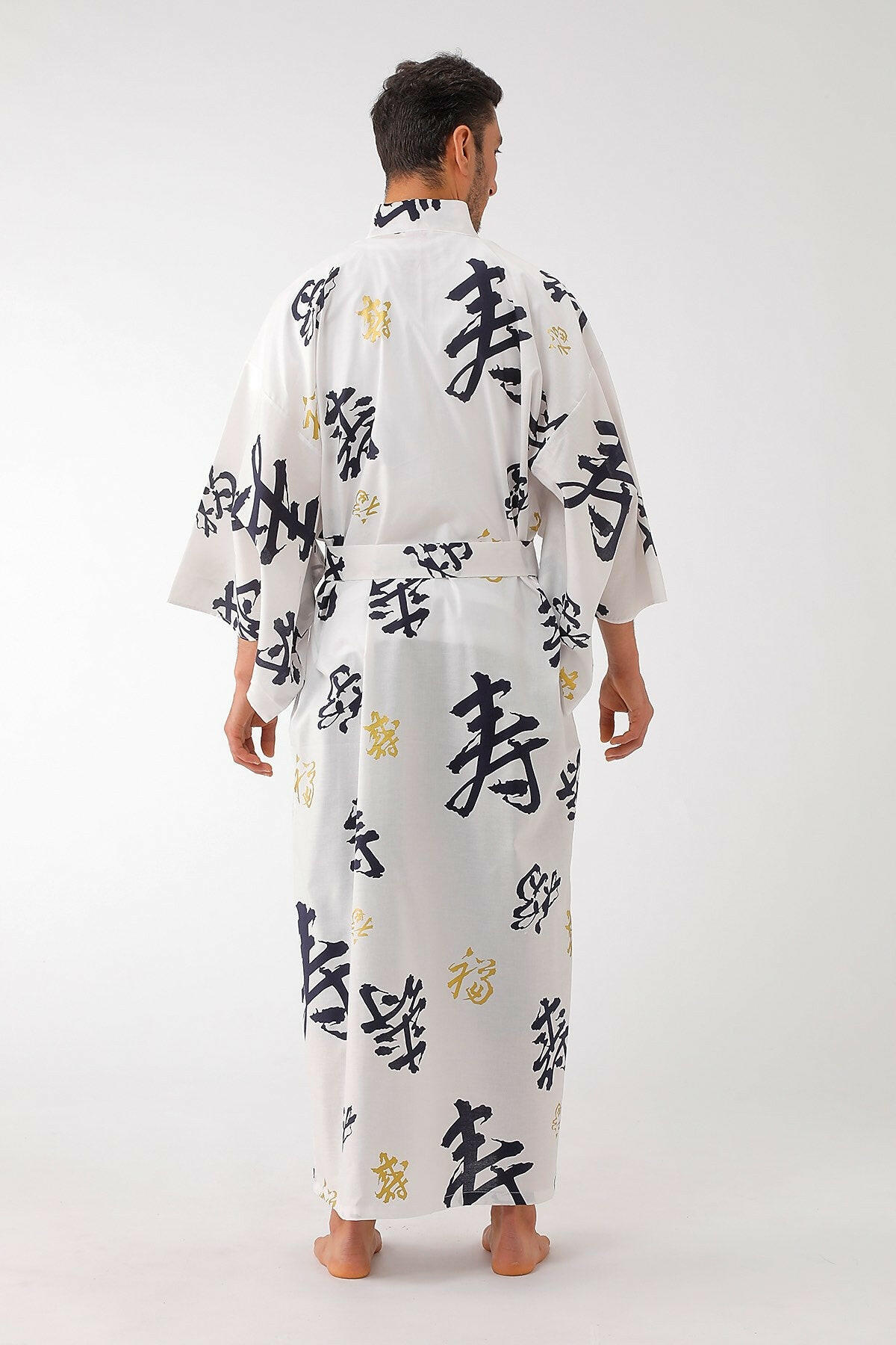 Men Happy Longevity Cotton Yukata Kimono Color White Model Rear View