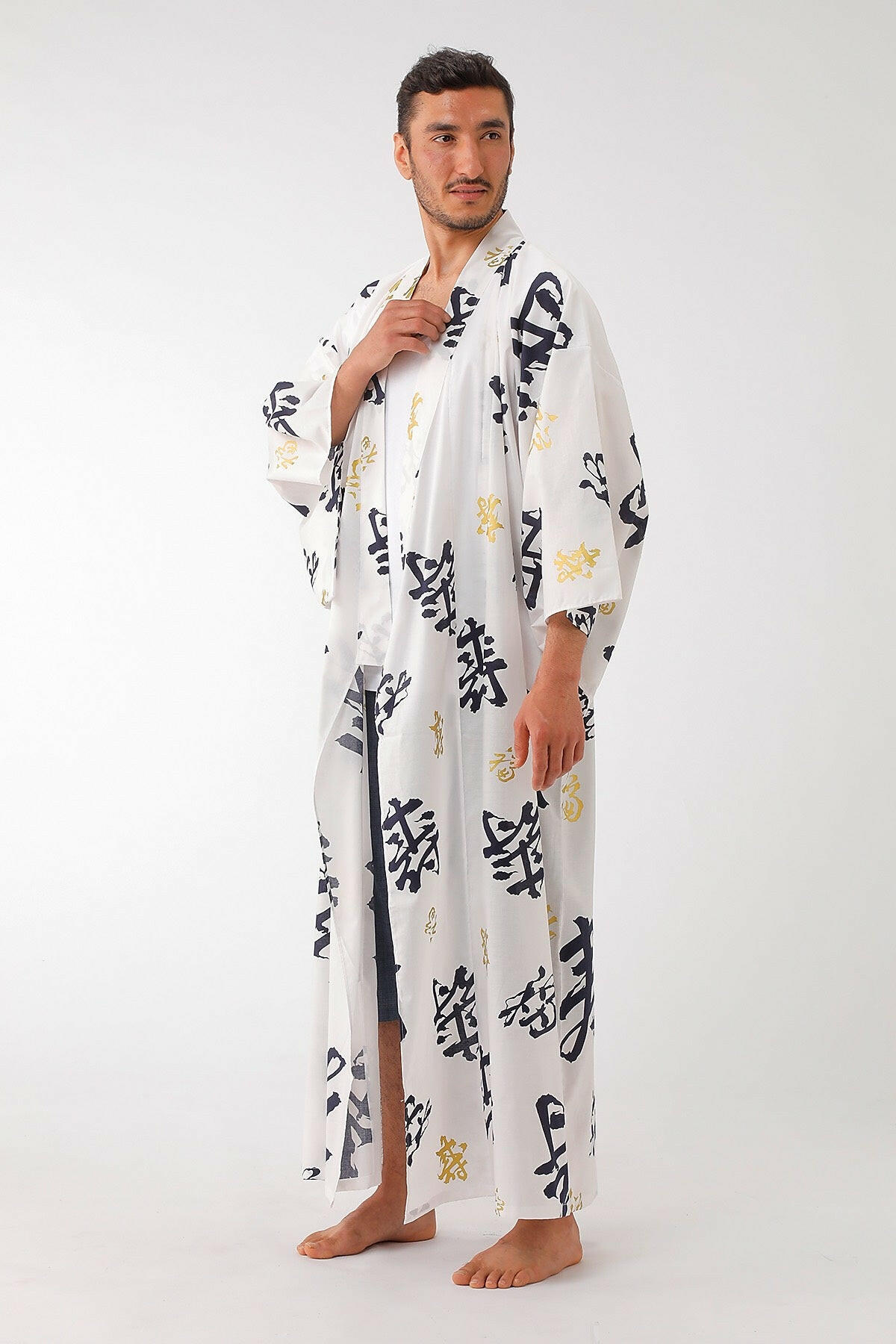 Men Happy Longevity Cotton Yukata Kimono Color White Model Side No Belt View