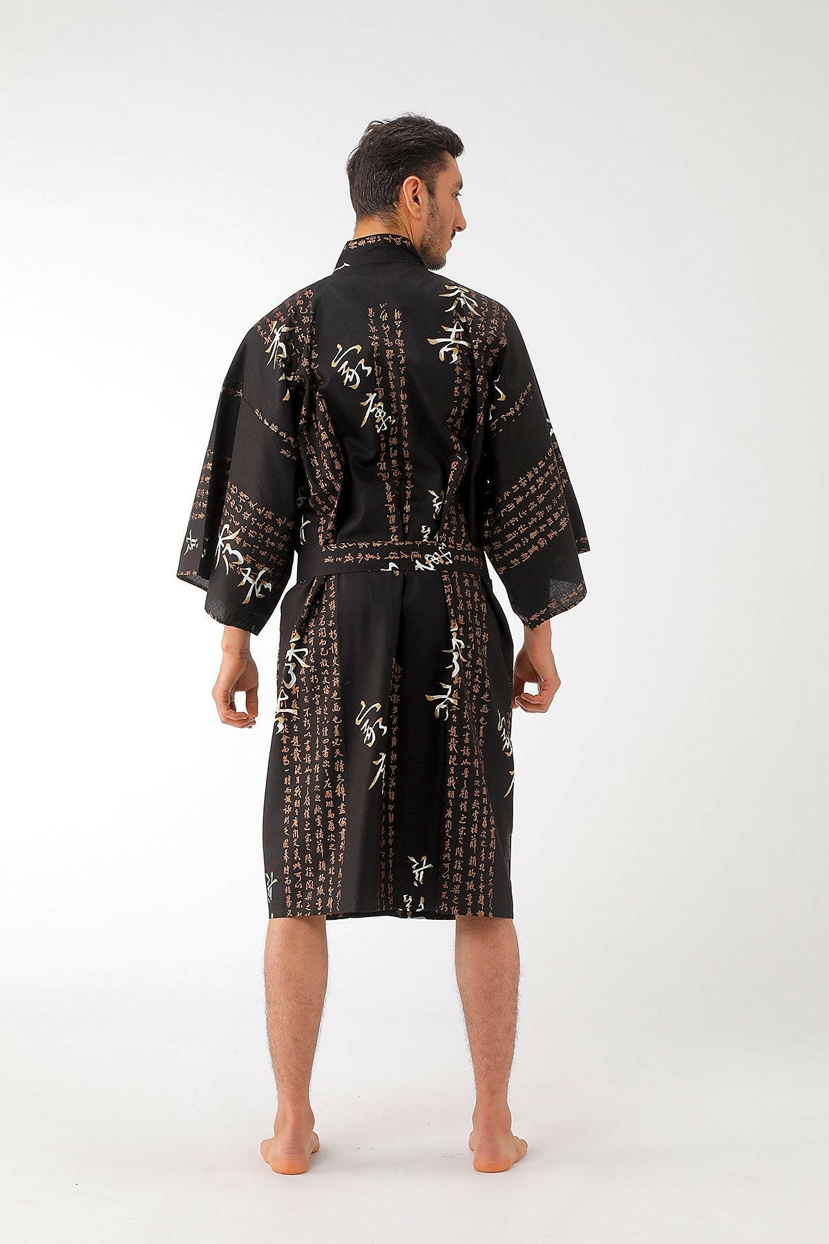 Men Hideyoshi Cotton Short Yukata Kimono Color Black Model Rear View