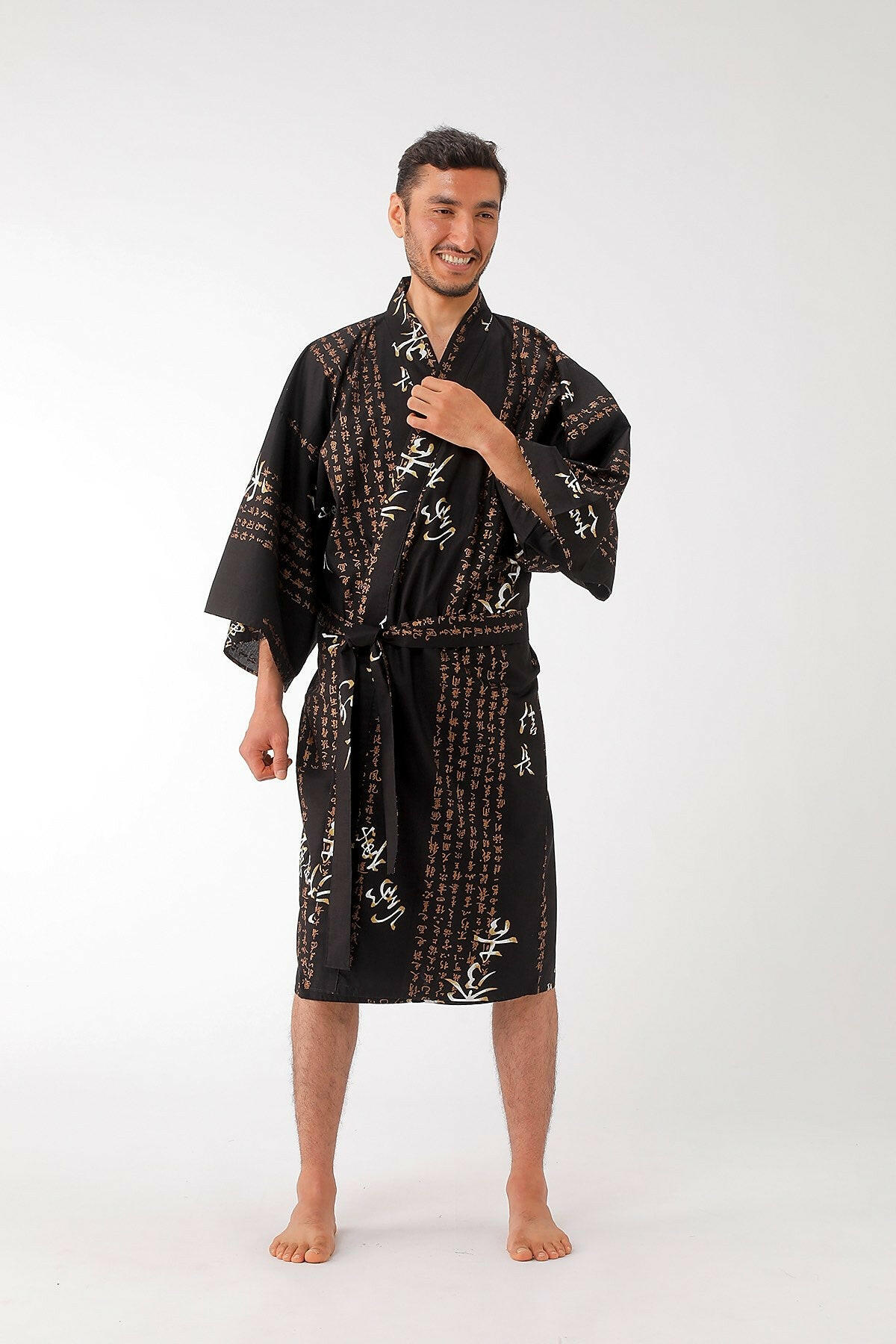Men Hideyoshi Cotton Short Yukata Kimono Color Black Model Front View