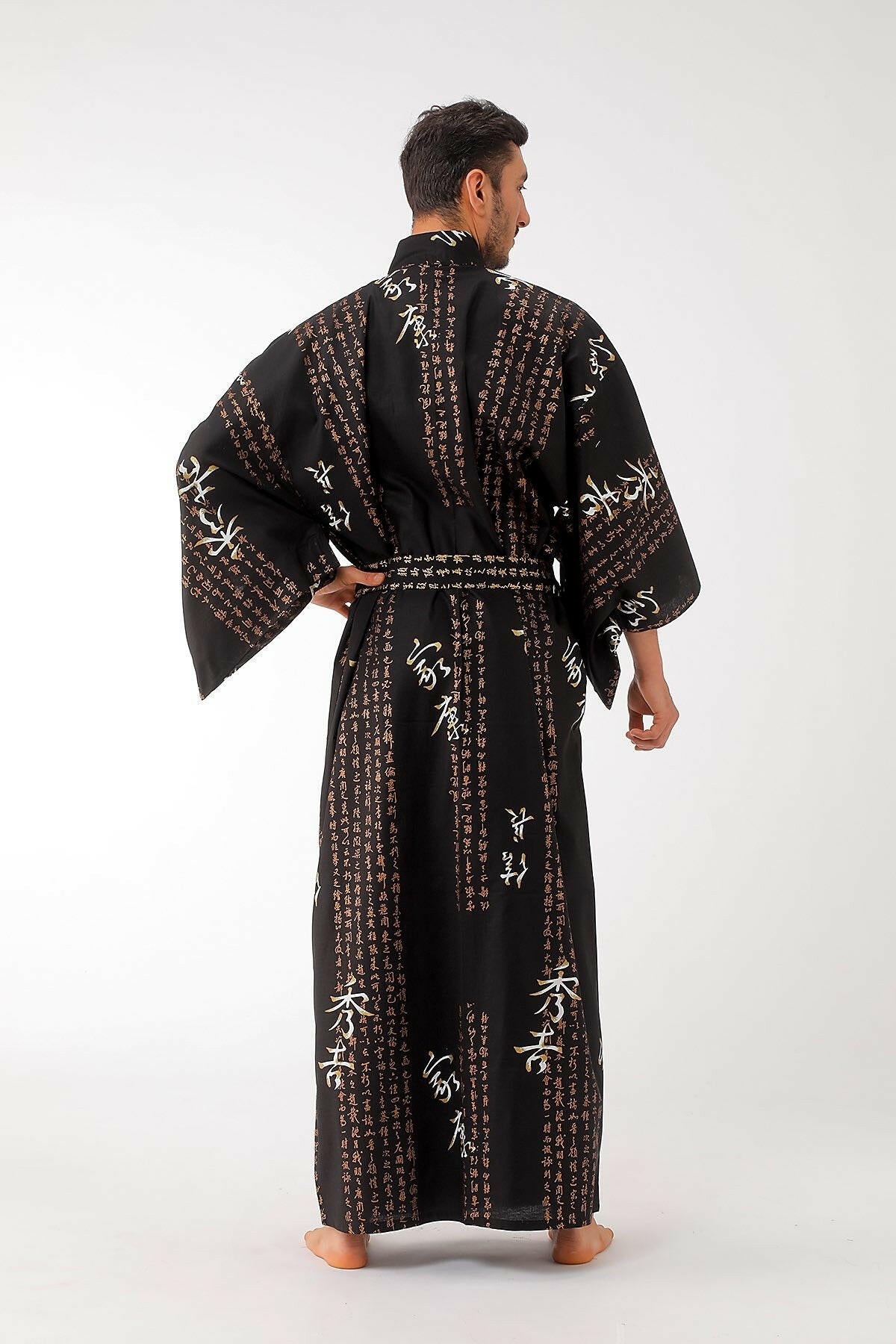 Men Hideyoshi Cotton Yukata Kimono Color Black Model Rear View