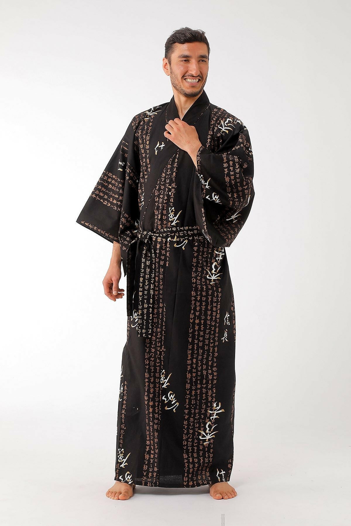 Men Hideyoshi Cotton Yukata Kimono Color Black Model Front View