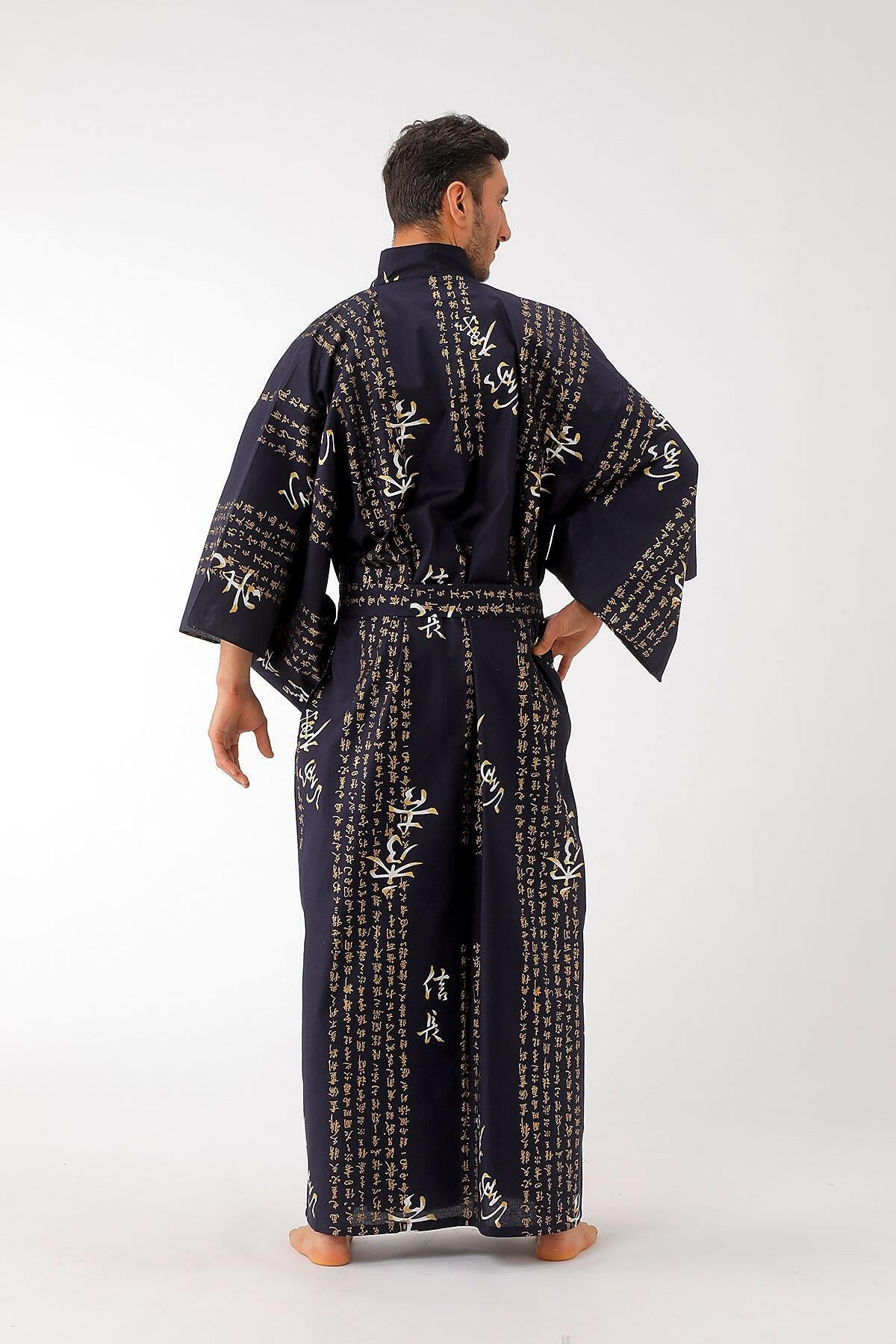 Men Hideyoshi Cotton Yukata Kimono Color Navy Model Rear View