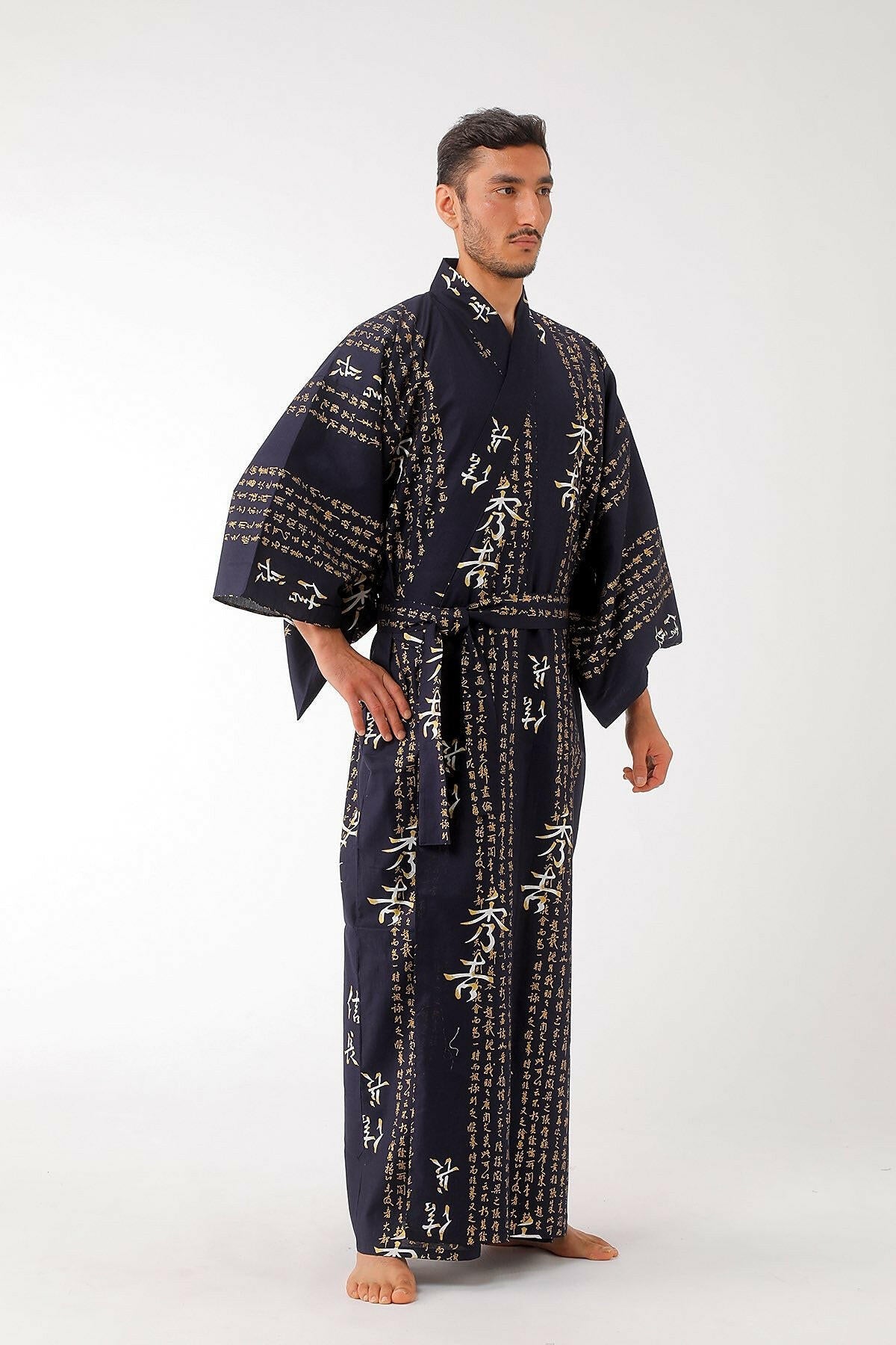 Men Hideyoshi Cotton Yukata Kimono Color Navy Model Side View
