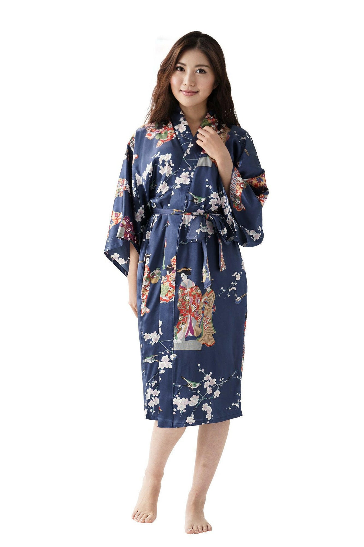 Women Kimono Beauty Silk Short Kimono Color Navy Model Front View