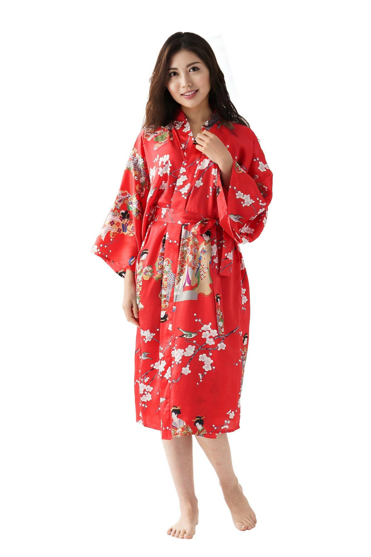 Women Kimono Beauty Silk Short Kimono Color Red Model Front View