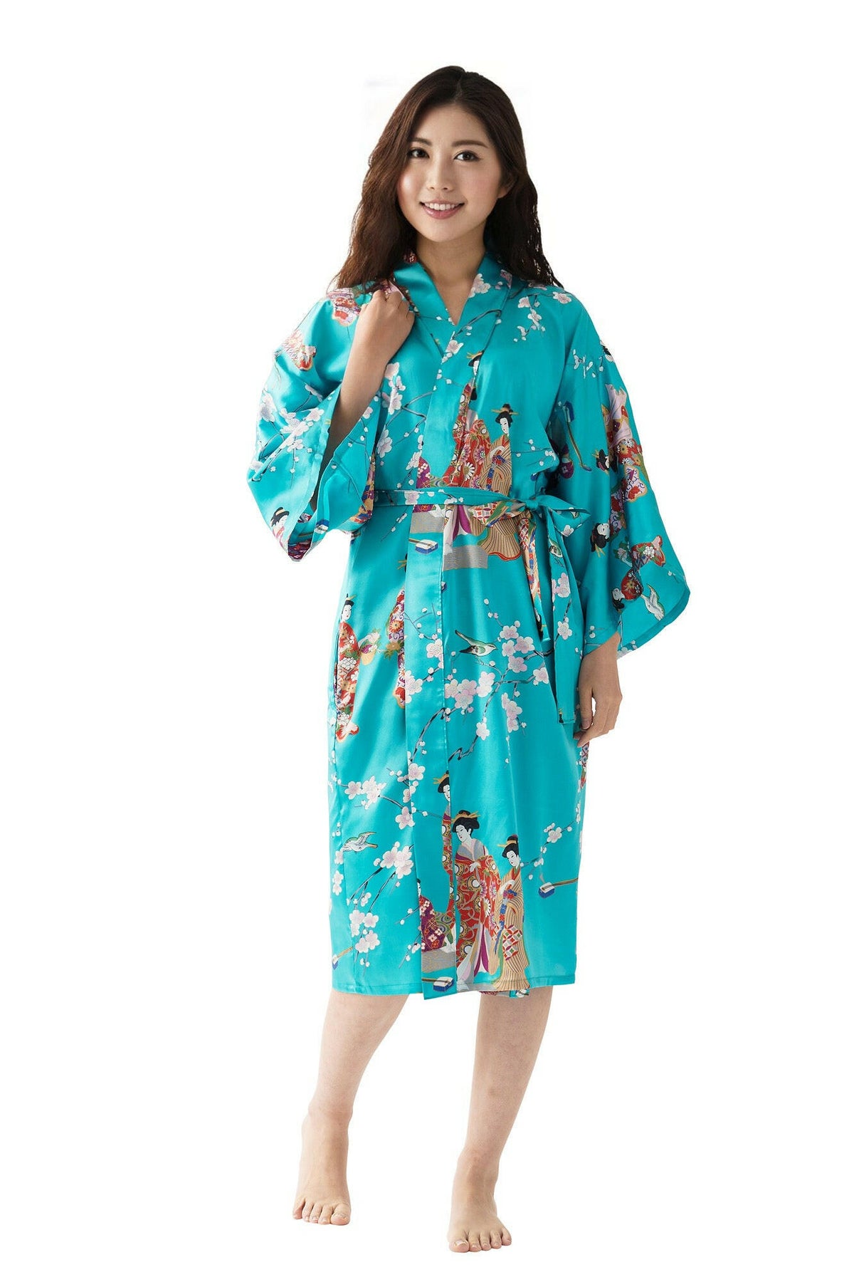 Women Kimono Beauty Silk Short Kimono Color Turquoise Model Front View