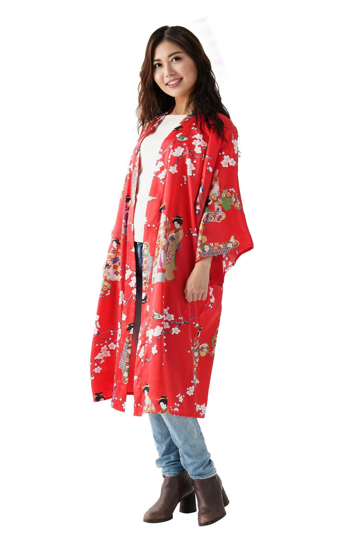 Women Kimono Beauty Silk Short Kimono Color Red Model Front No Belt View