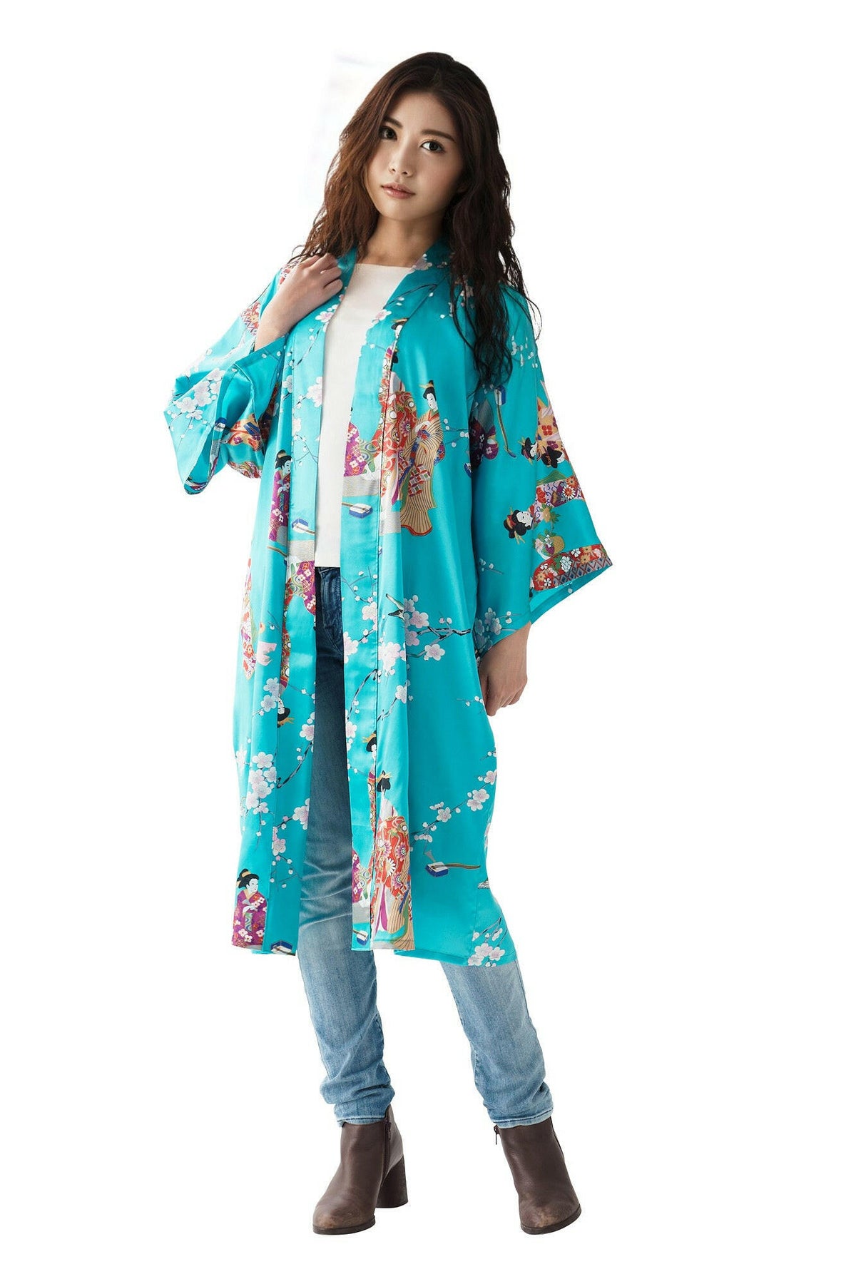 Women Kimono Beauty Silk Short Kimono Color Turquoise Model Front No Belt View