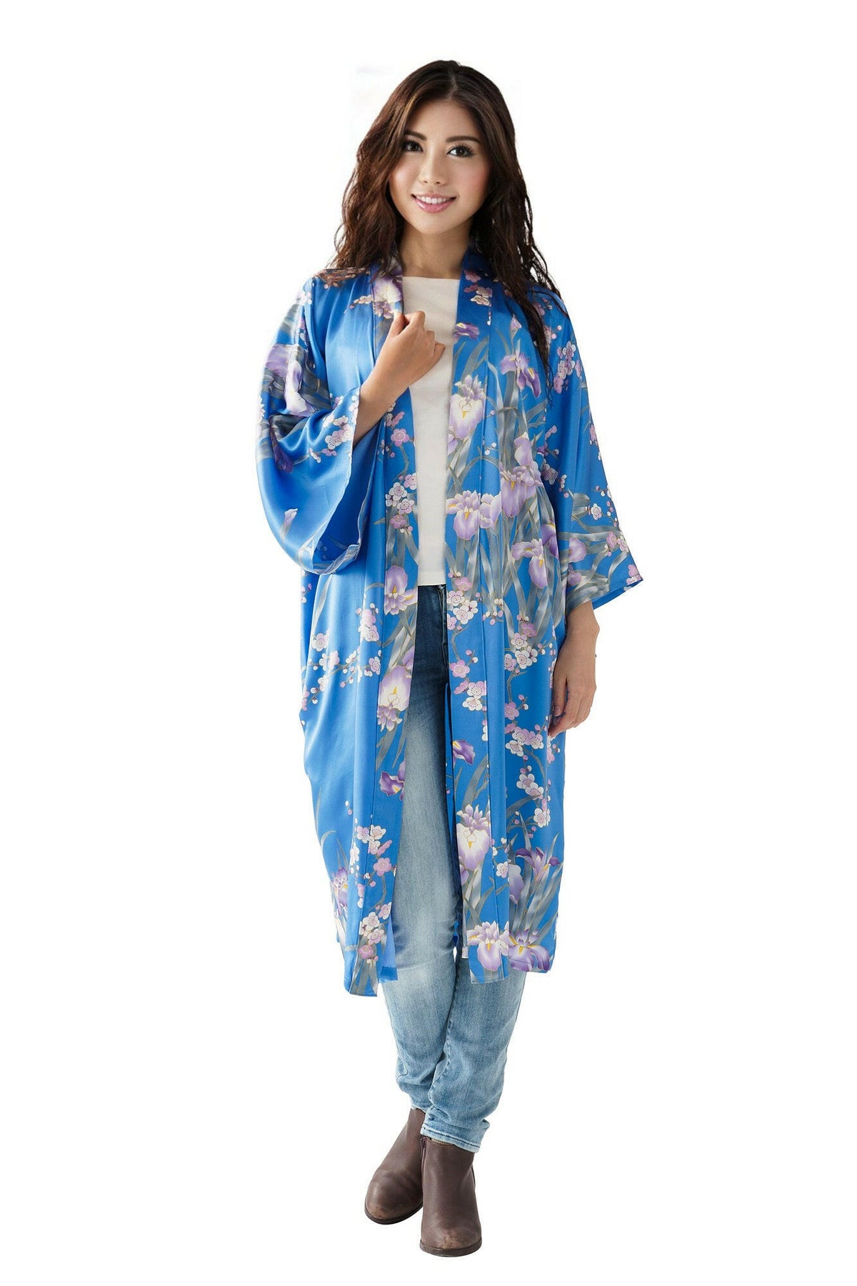 Women Iris & Plum Silk Short Kimono Color Blue Model Front No Belt View