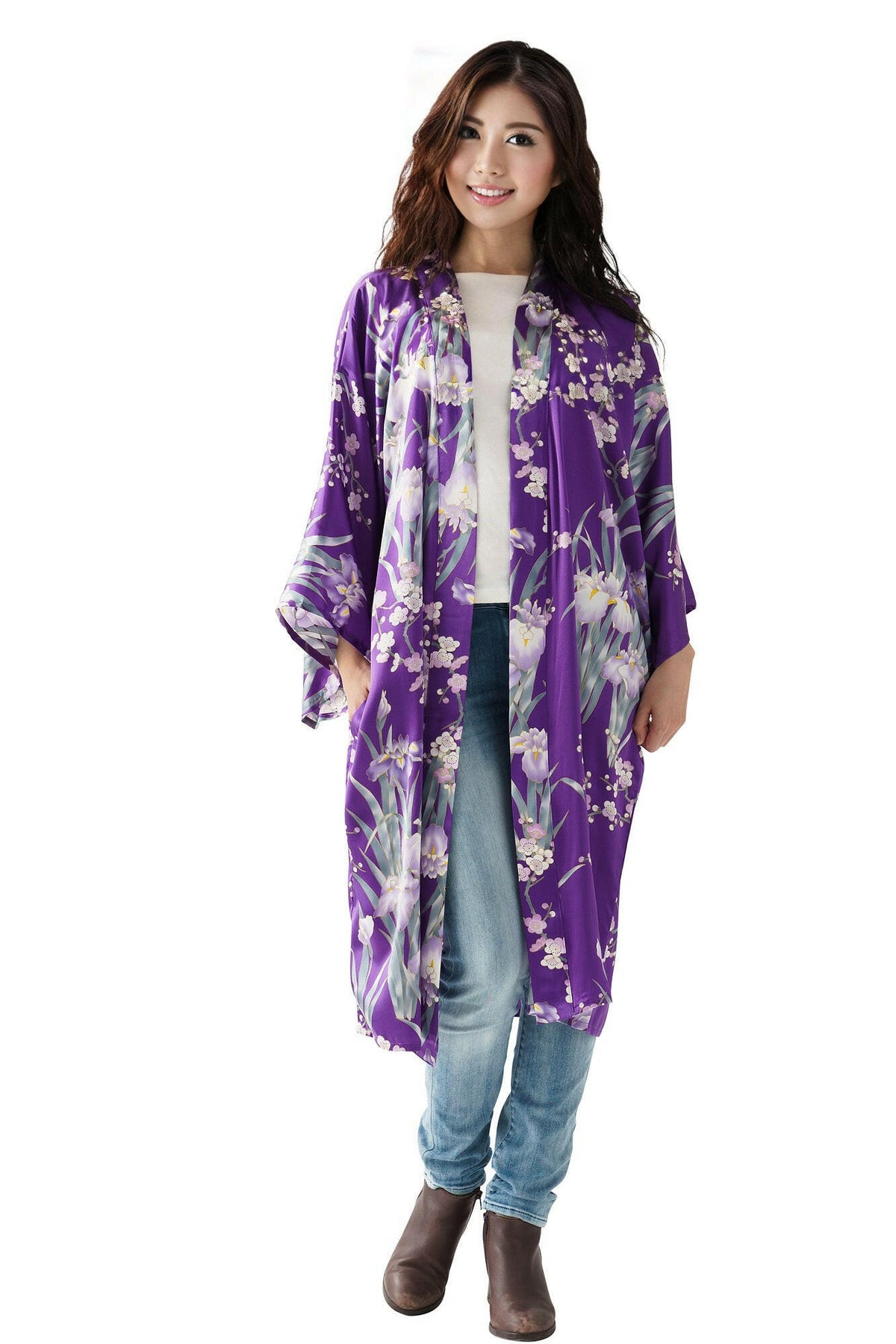 Women Iris & Plum Silk Short Kimono Color Purple Model Front Not Belt View