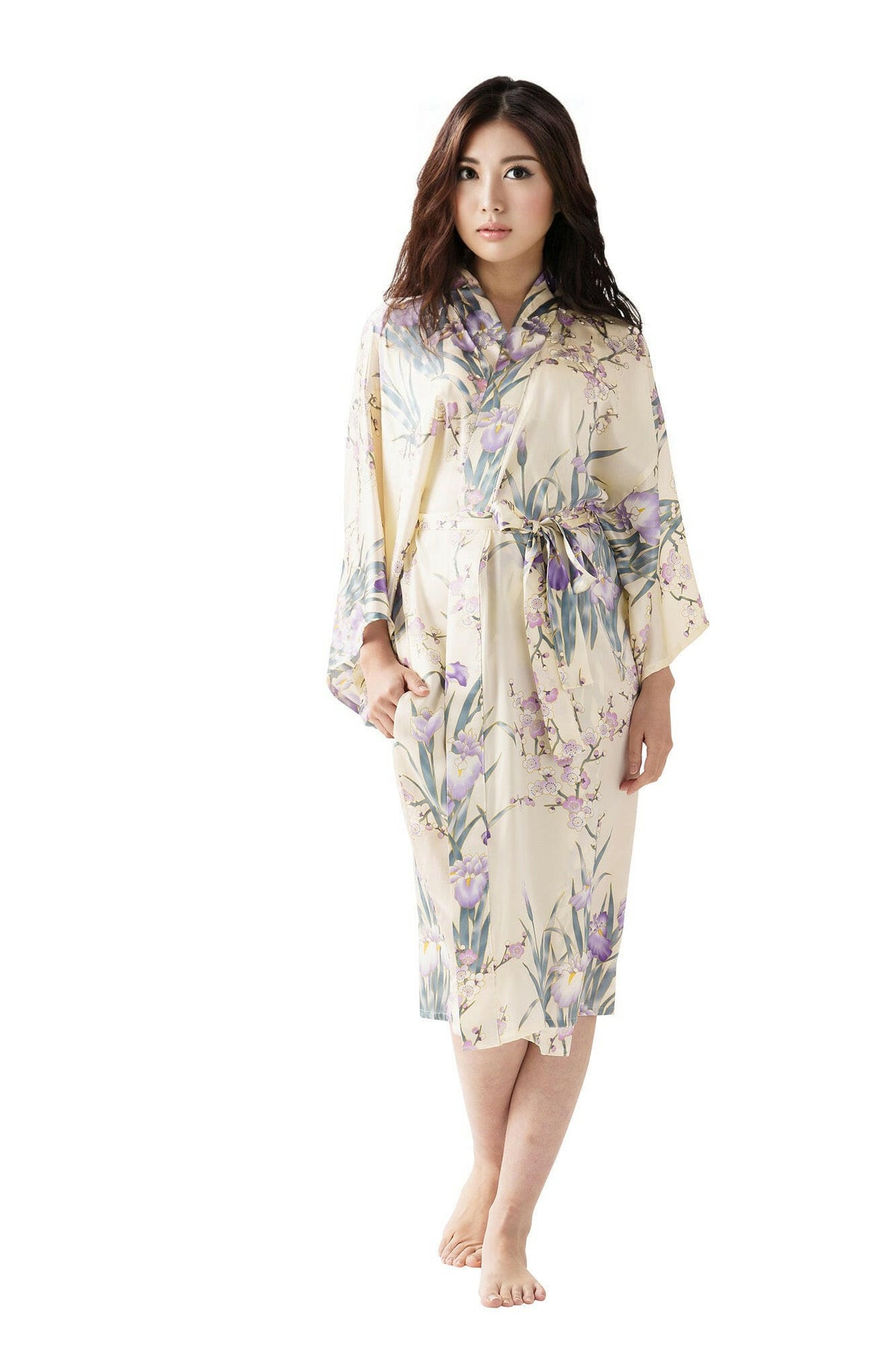 Women Iris & Plum Silk Short Kimono Color White Model Front View