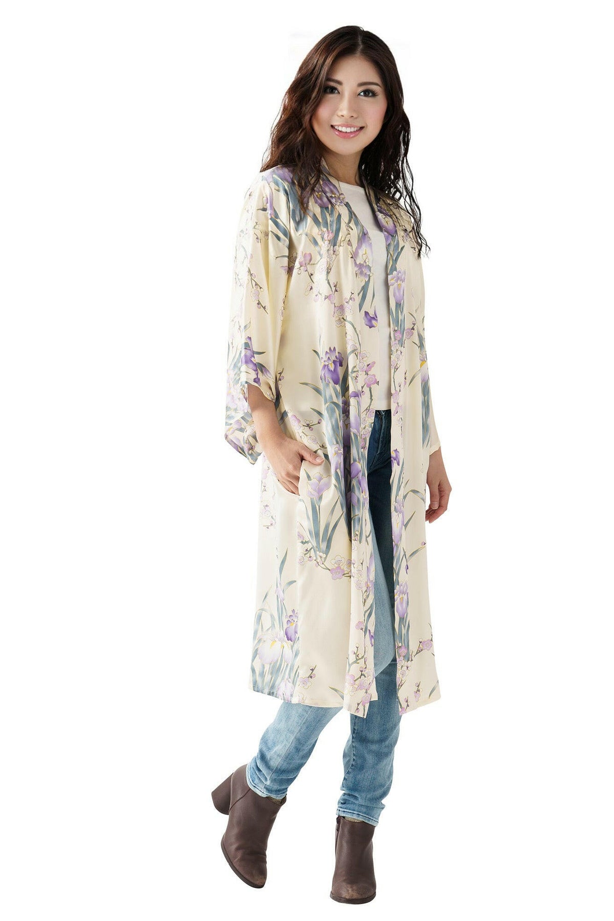 Women Iris & Plum Silk Short Kimono Color White Model Front No Belt View