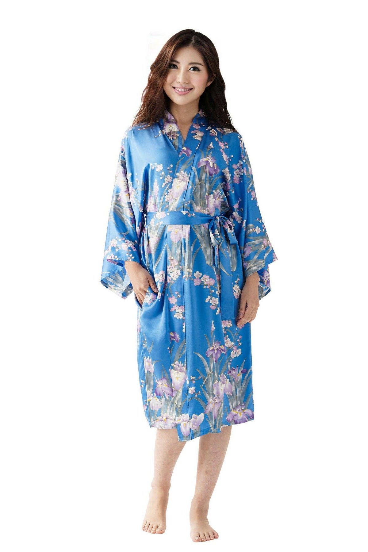 Women Iris & Plum Silk Short Kimono Color Blue Model Front View
