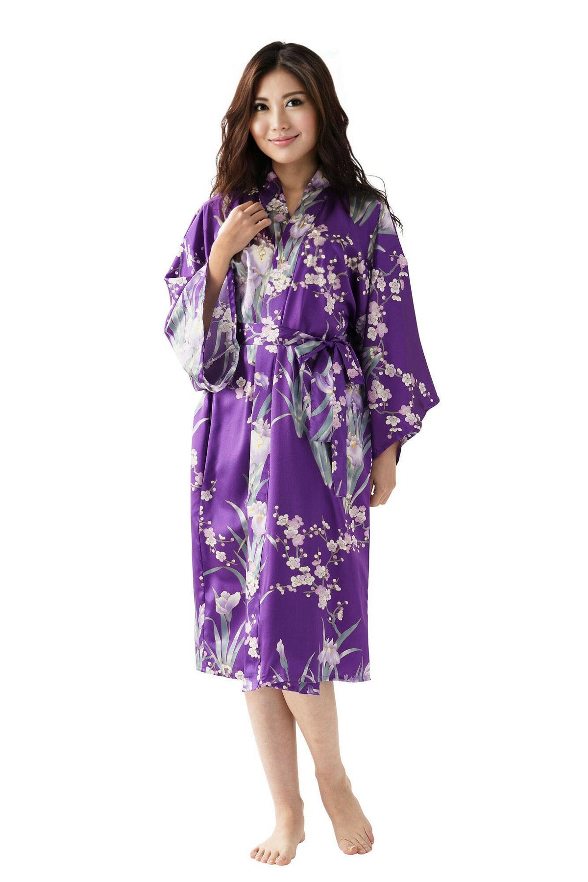 Women Iris & Plum Silk Short Kimono Color Purple Model front View