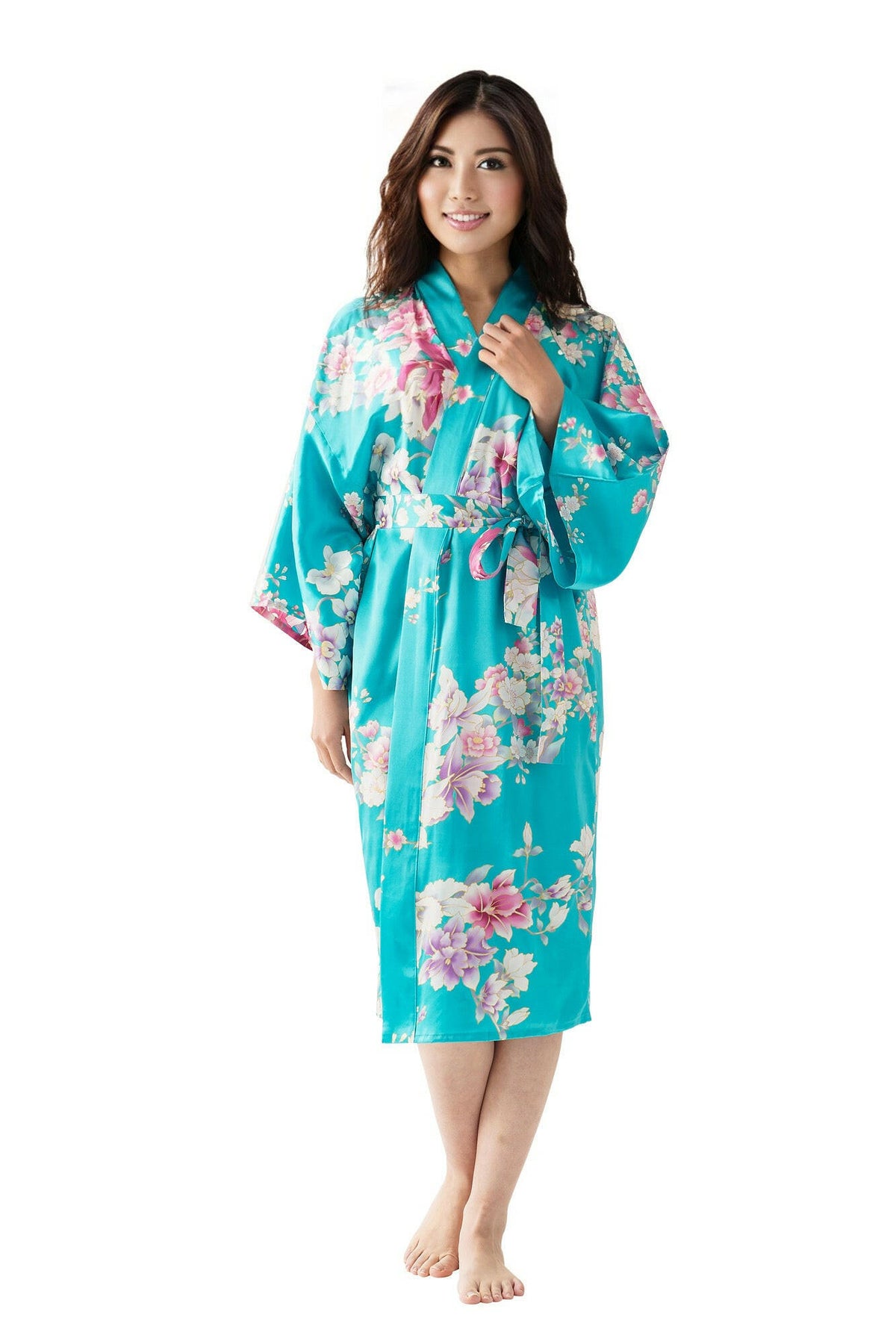 Women Orchid Silk Short Kimono Color Turquoise Model Front View