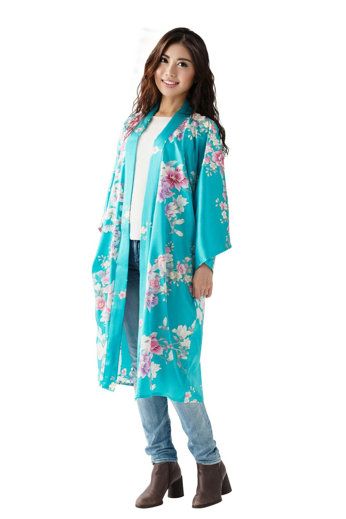 Women Orchid Silk Short Kimono Color Turquoise Model Front No Belt View