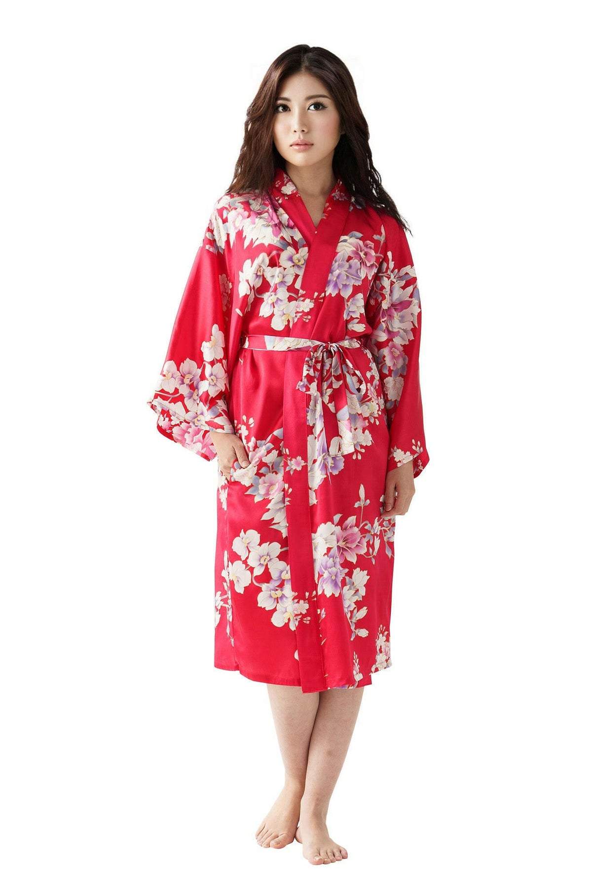 Women Orchid Silk Short Kimono Color Red Model Front View