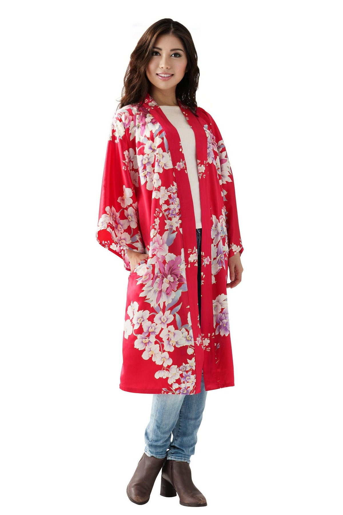 Women Orchid Silk Short Kimono Color Red Model Front No Belt View