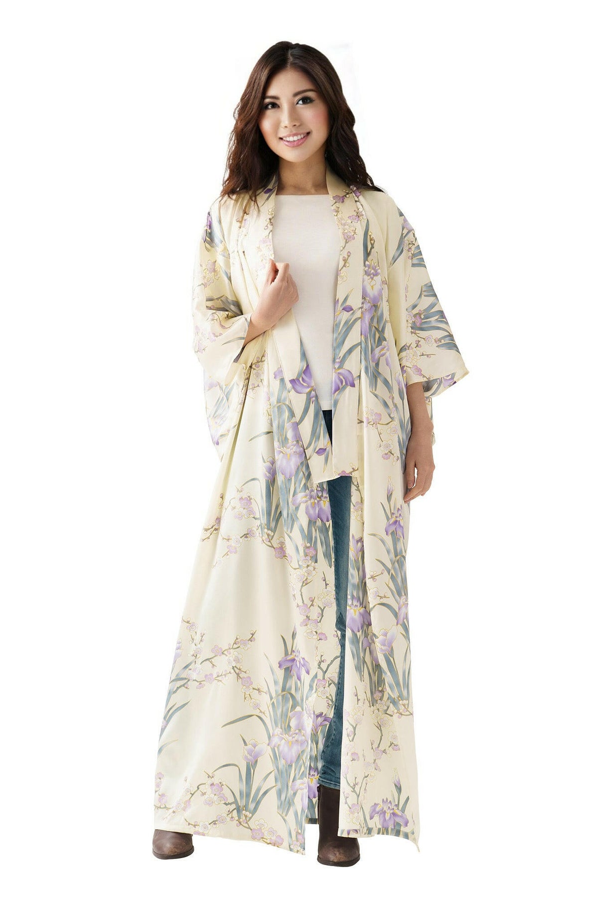 Women Iris & Plum Silk Kimono Color White Model Front No Belt View
