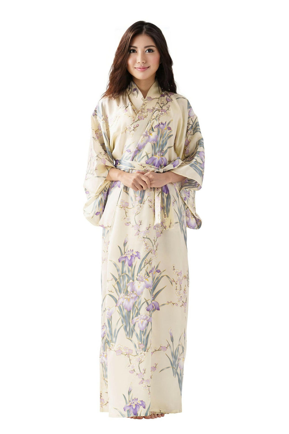 Women Iris & Plum Silk Kimono Color White Model Front View