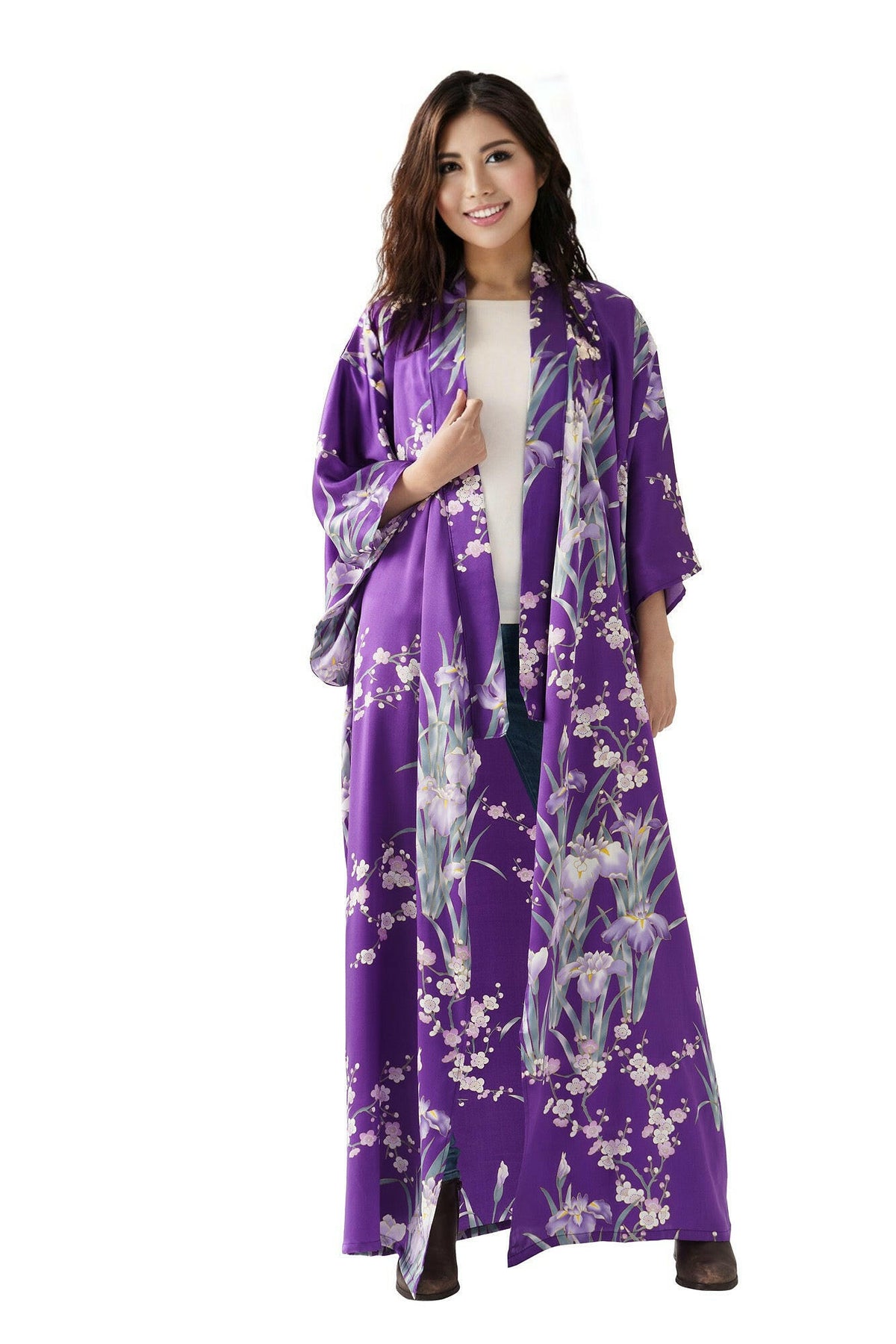 Women Iris & Plum Silk Kimono Color Purple Model Front No Belt View