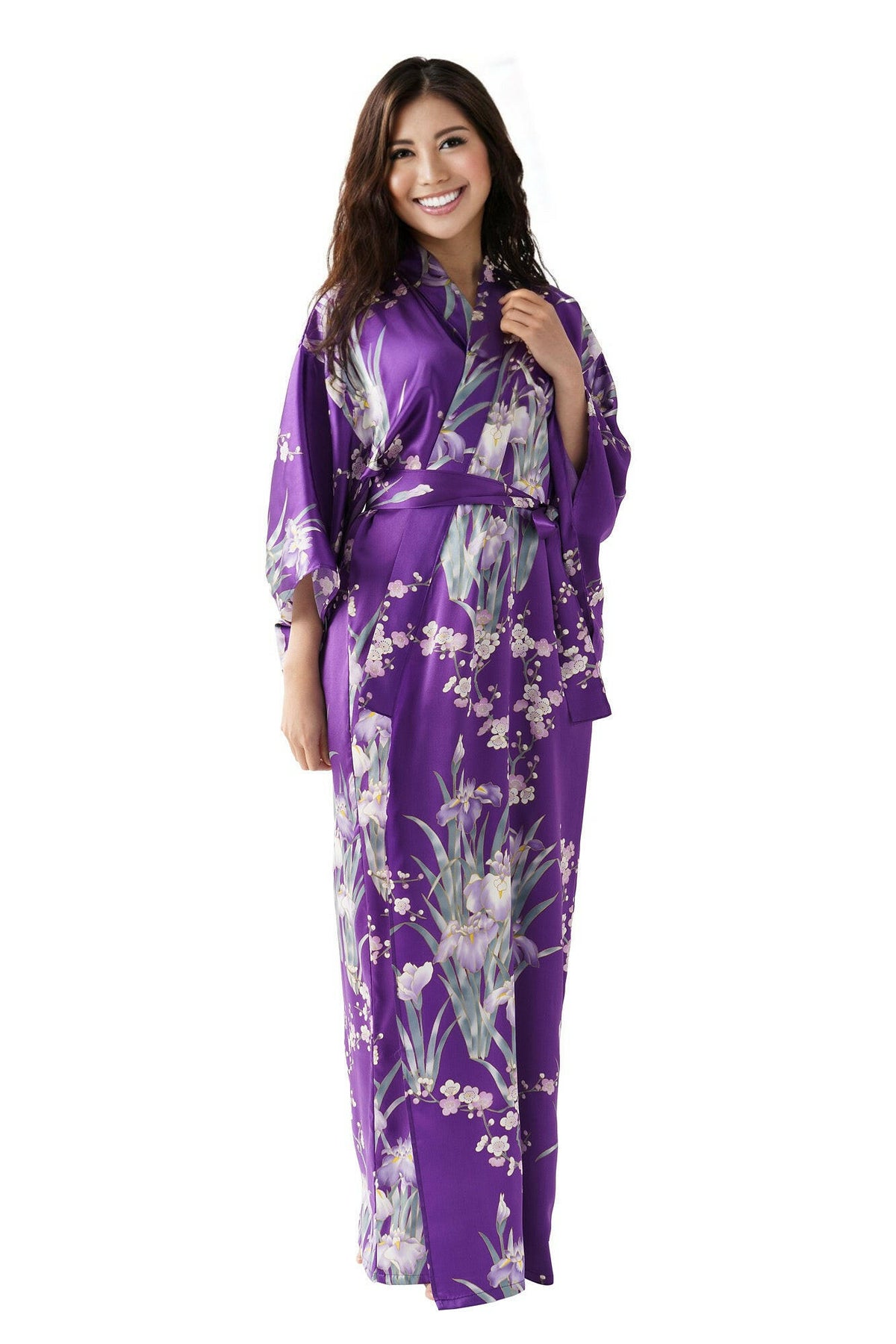 Women Iris & Plum Silk Kimono Color Purple Model Front View