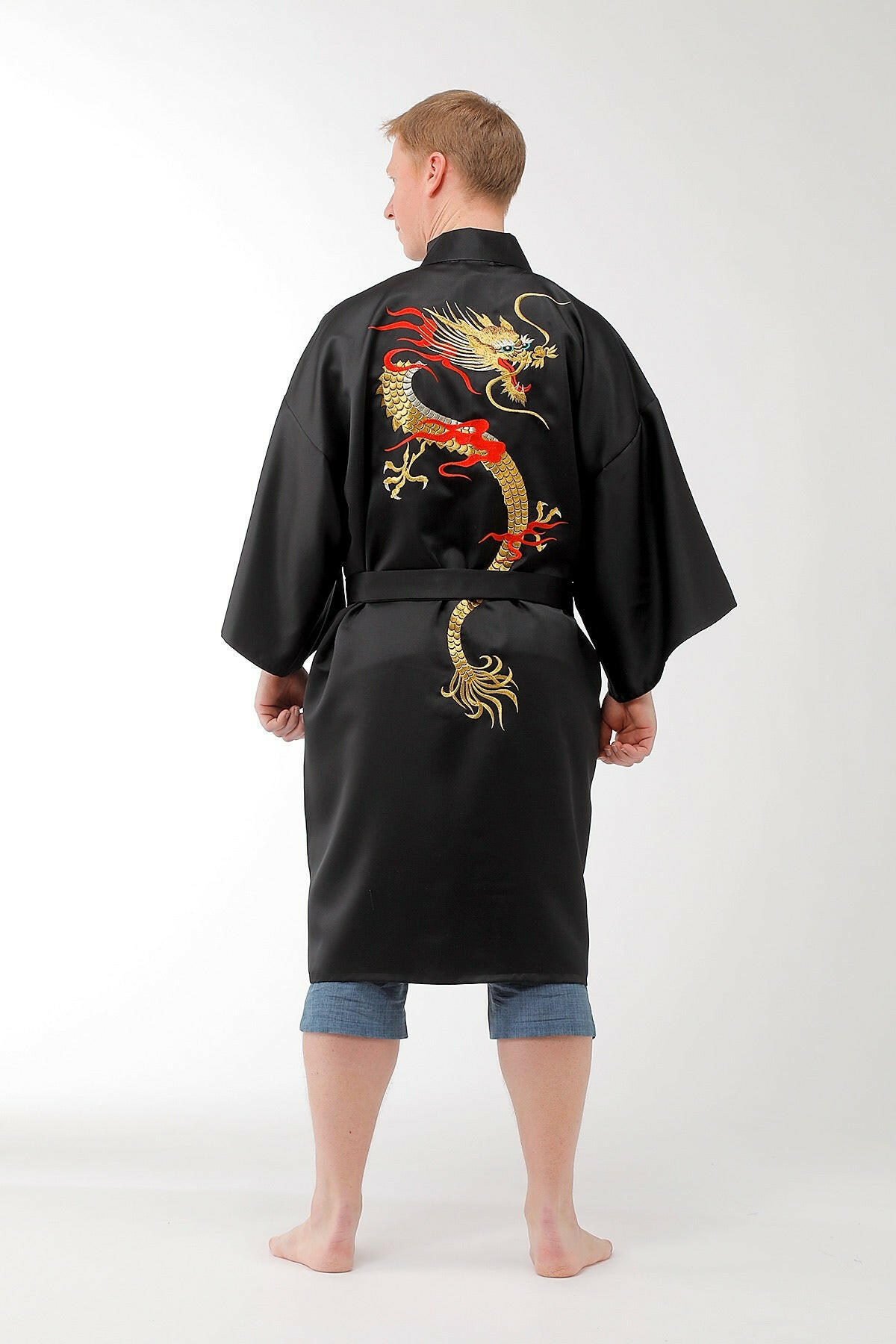 Men Flare Dragon Polyester Short Kimono Color Black Model Rear View