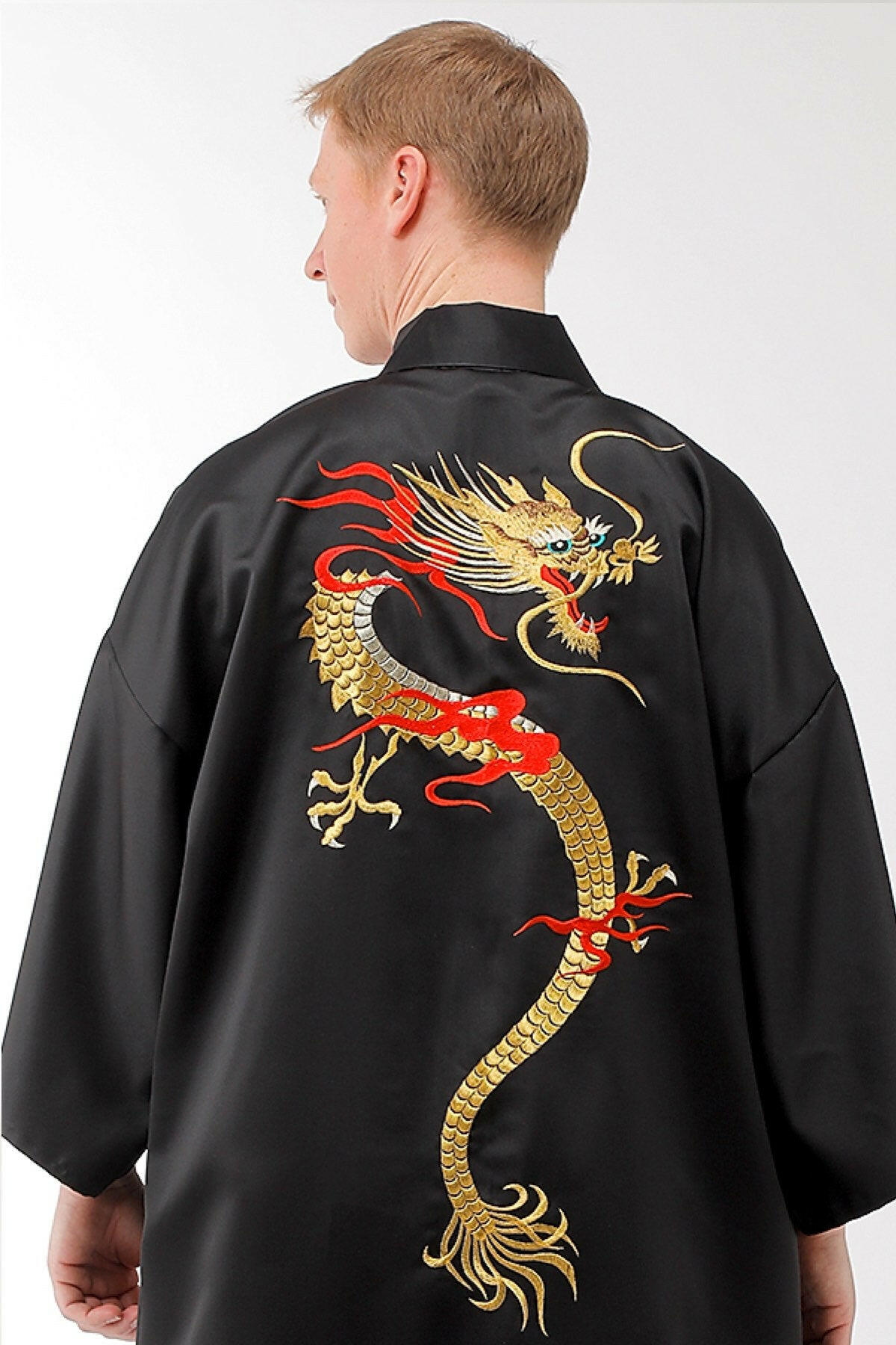 Men Flare Dragon Polyester Kimono Model Rear View