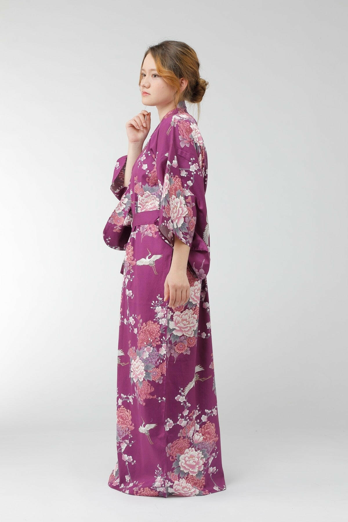 Women Flying Crane & Peony Cotton Sateen Kimono Color Purple Model Side View