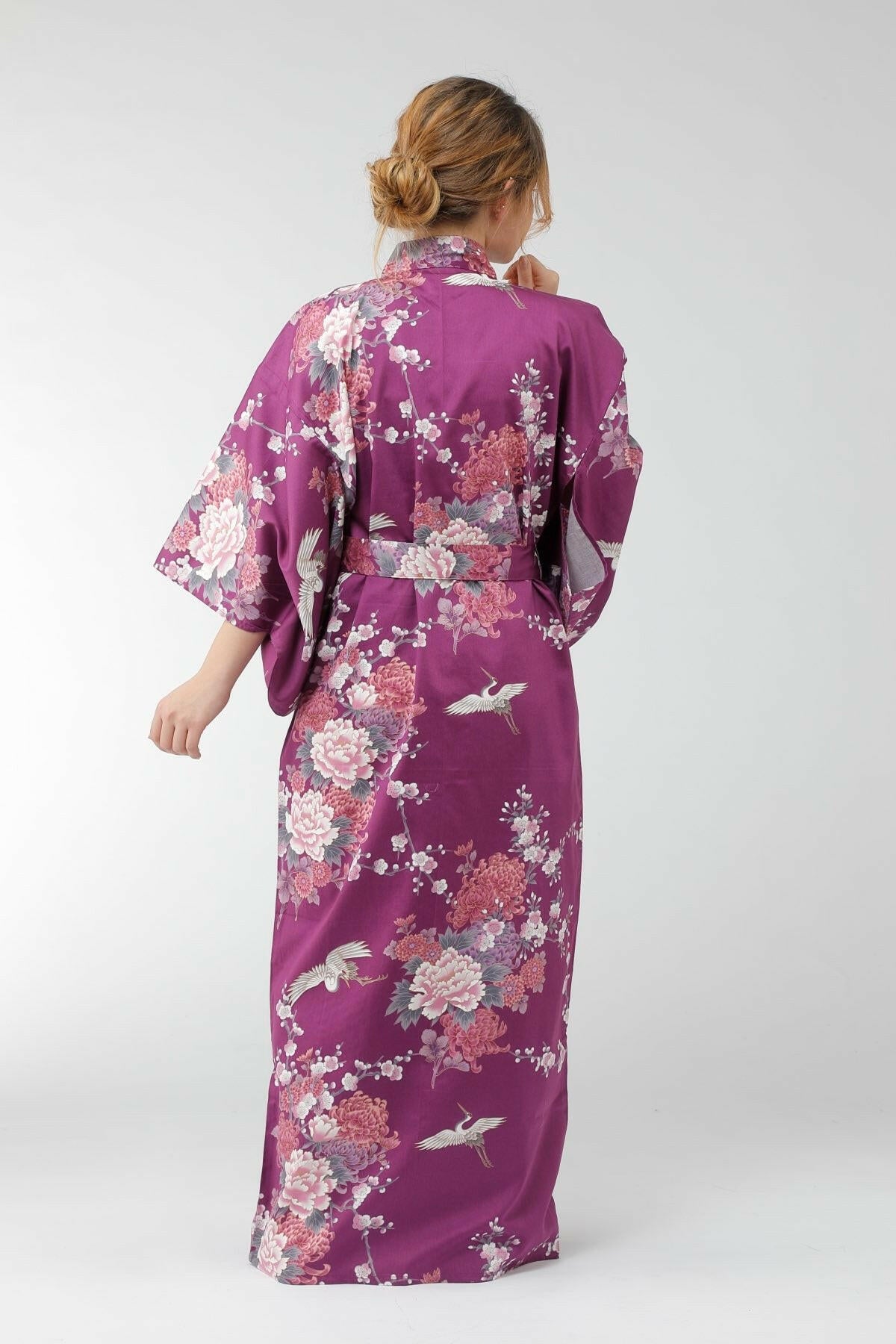 Women Flying Crane & Peony Cotton Sateen Kimono Color Purple Model Rear View