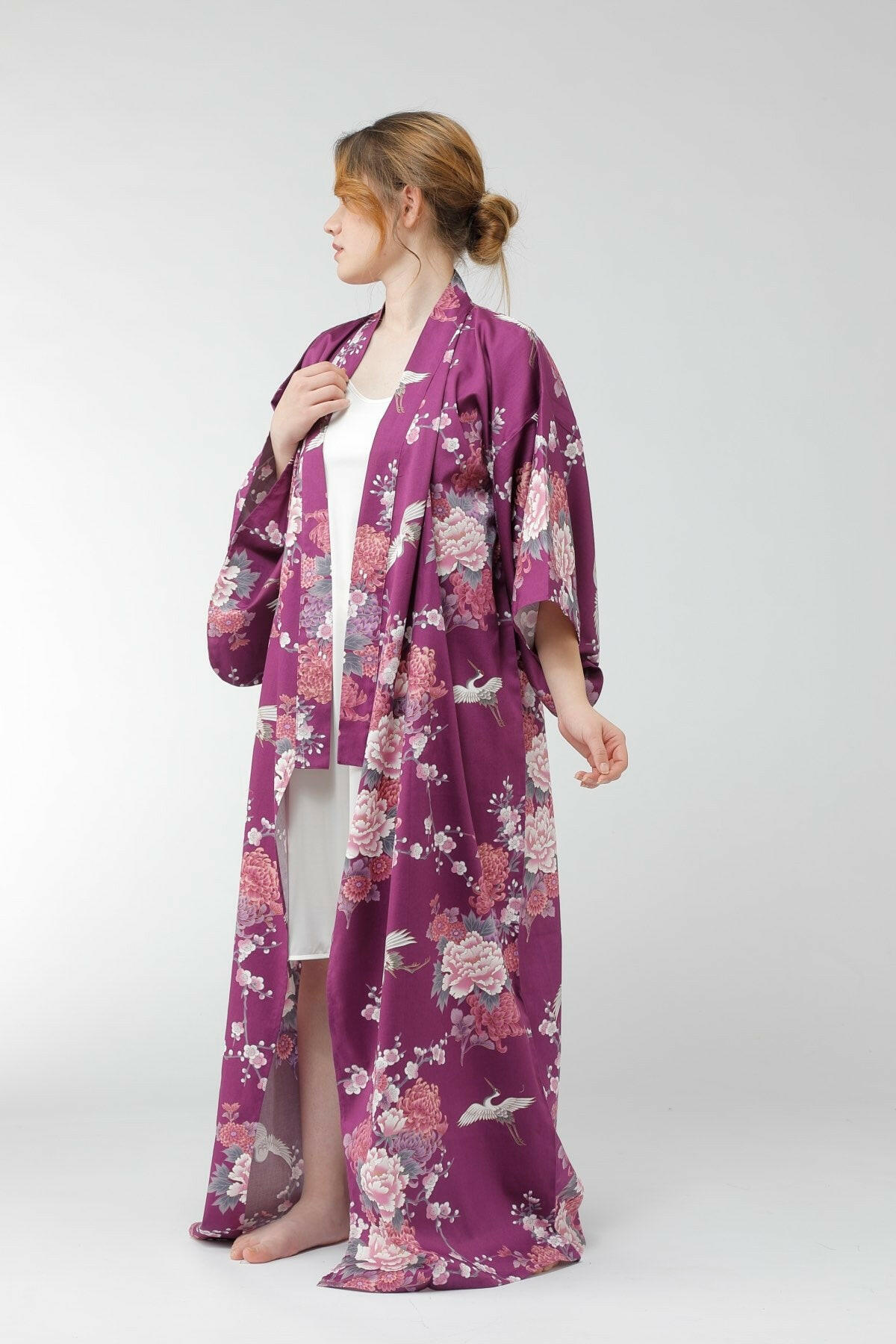 Women Flying Crane & Peony Cotton Sateen Kimono Color Purple Model Front No Belt View