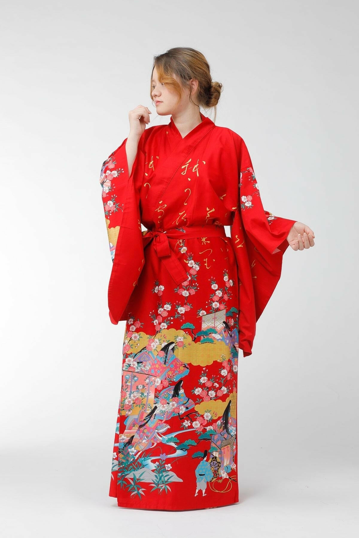 Women Gilt Poem & Princess Cotton Sateen Kimono Color Red Model Front View