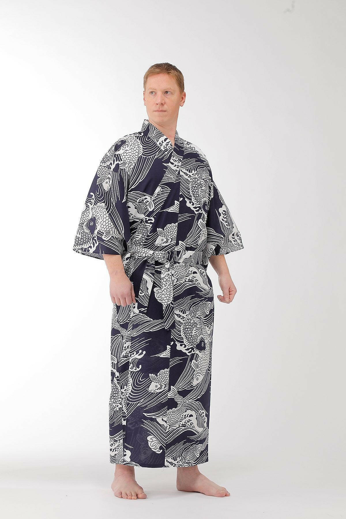 Men Carp Cotton Yukata Kimono Model Front View