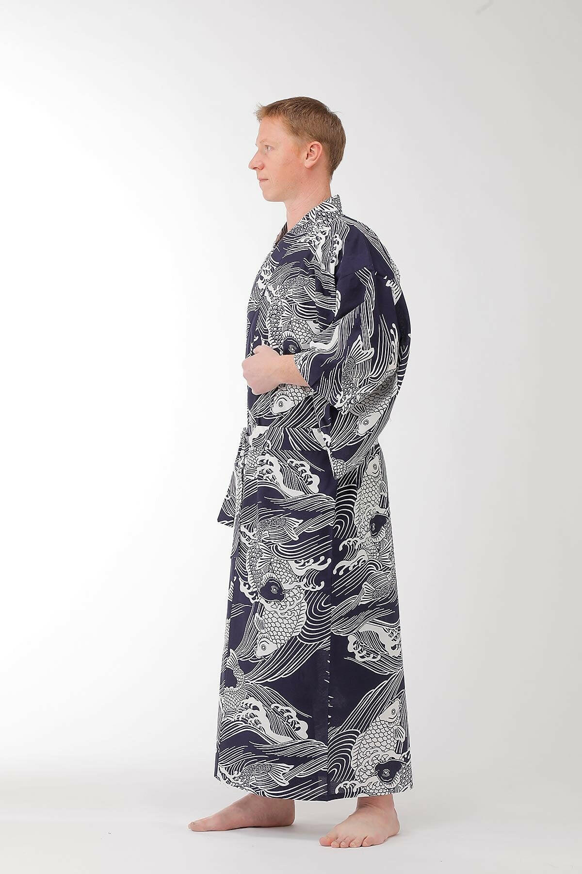 Men Carp Cotton Yukata Kimono Model Side View