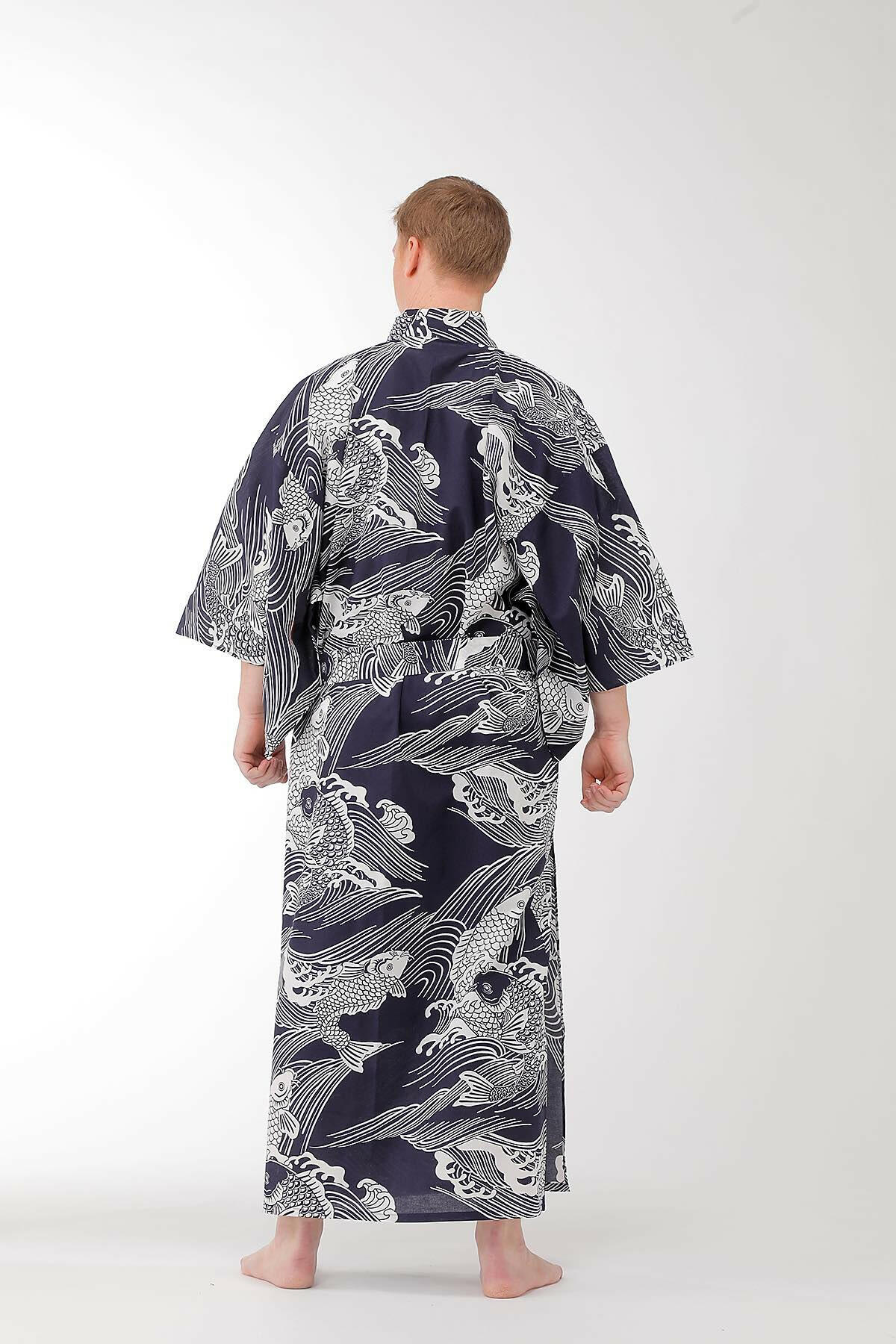 Men Carp Cotton Yukata Kimono Model Rear View