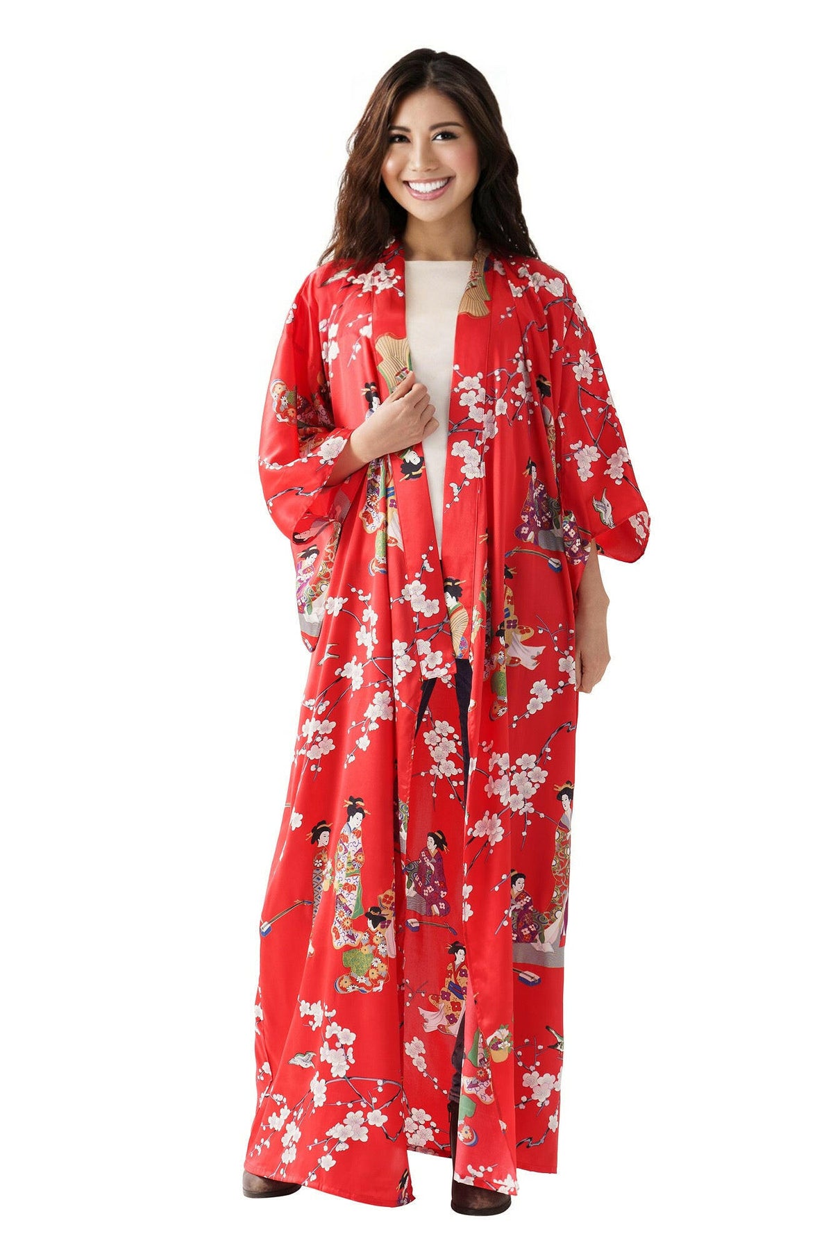 Women Kimono Beauty Silk Kimono Color Red Model Front No Belt View