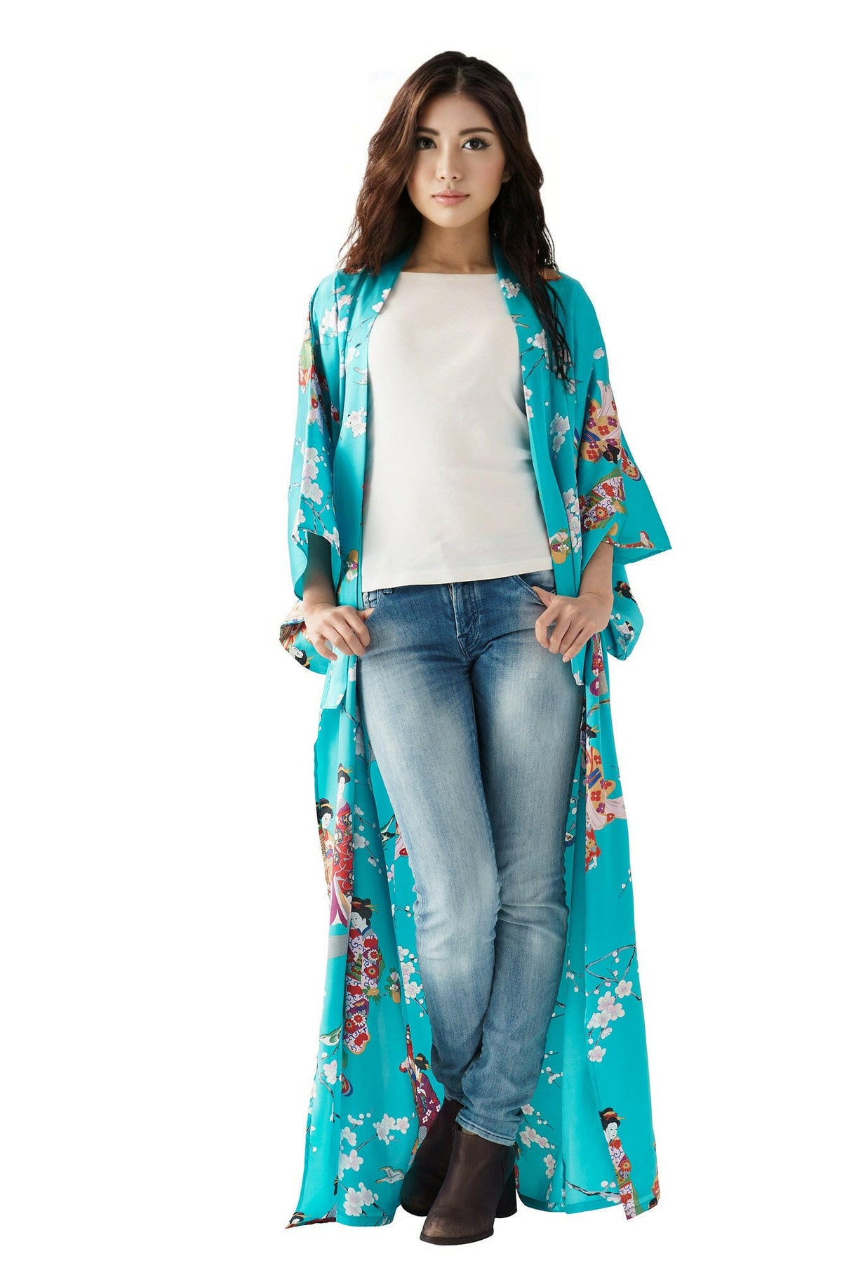 Women Kimono Beauty Silk Kimono Color Turquoise Model Front No Belt View