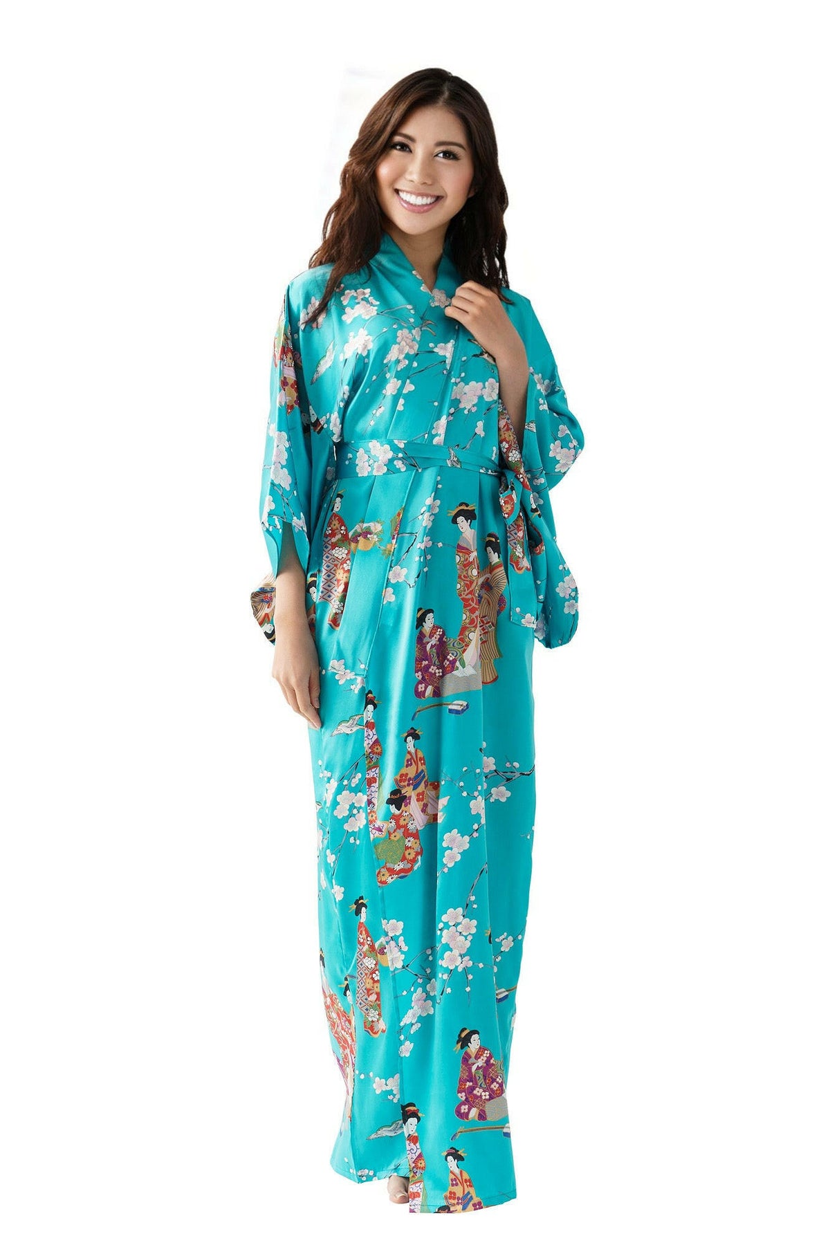 Women Kimono Beauty Silk Kimono Color Turquoise Model Front View