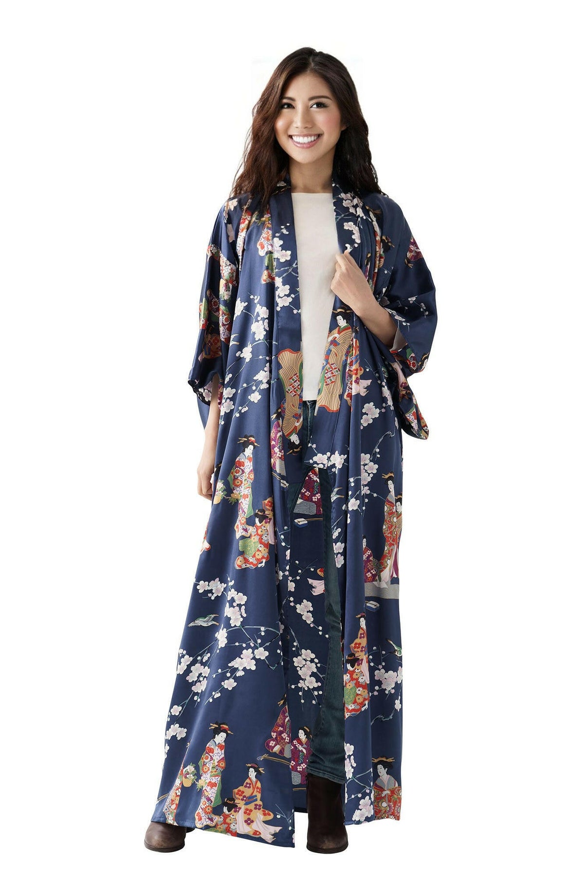 Women Kimono Beauty Silk Kimono Color Navy Model Front No Belt View